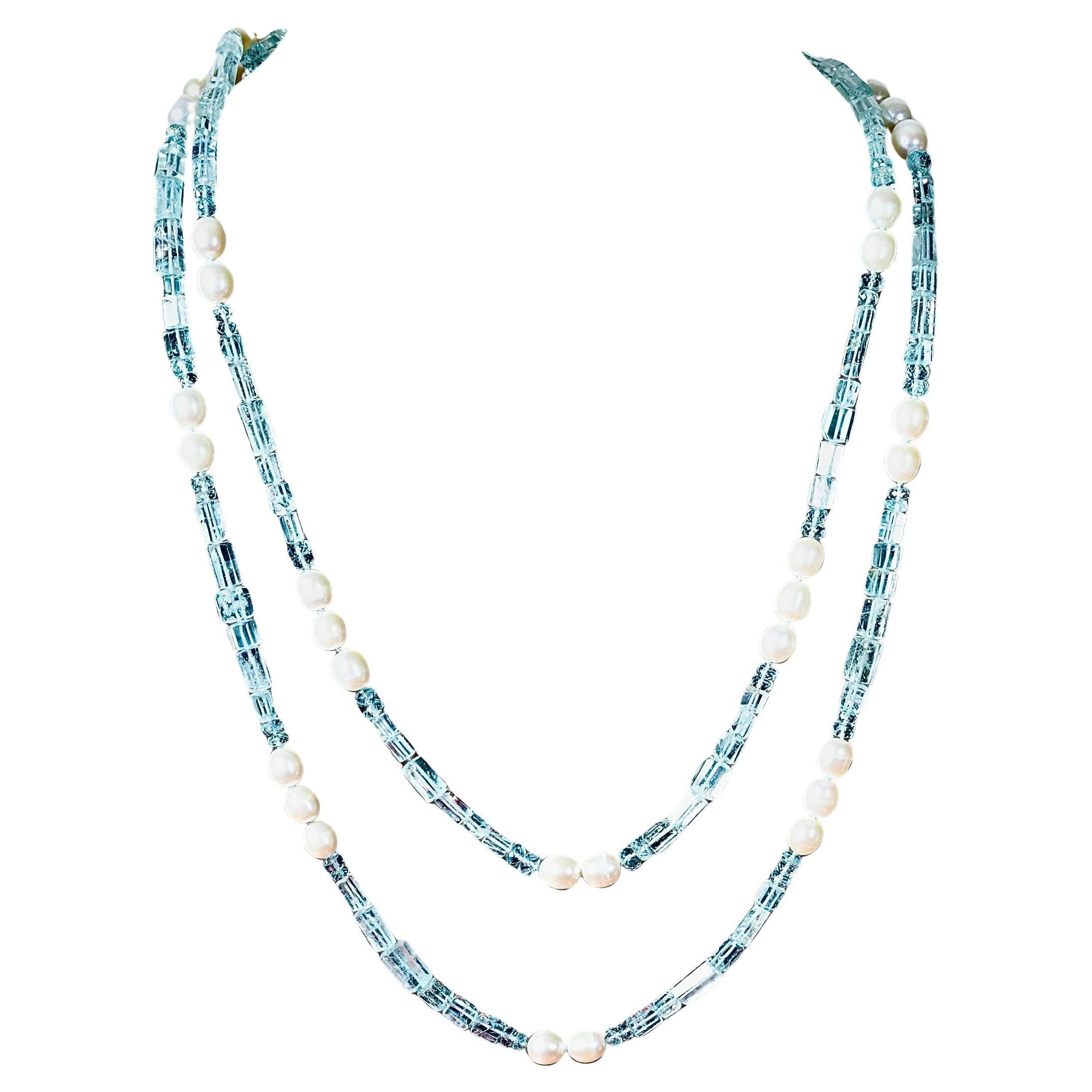 Tubi d'acquamarina e perle, collana lunga in vendita