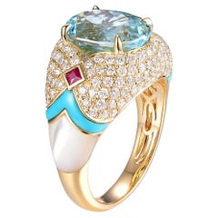 Aquamarine Turquoise Diamond Cocktail Ring in 18 Karat Yellow Gold