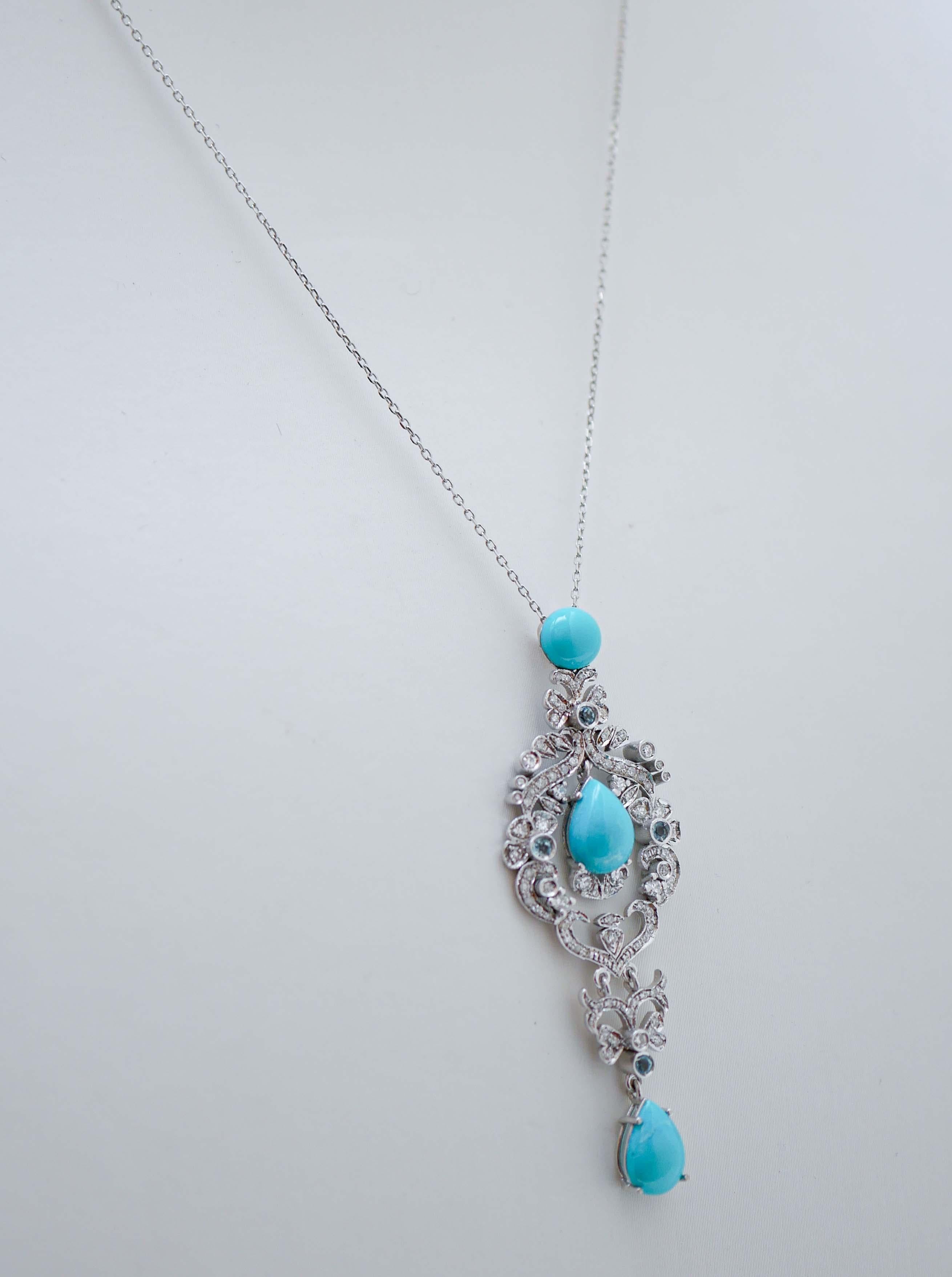 Rétro Aigue-marine, turquoise, diamants, pendentif en or blanc 14 Kt.