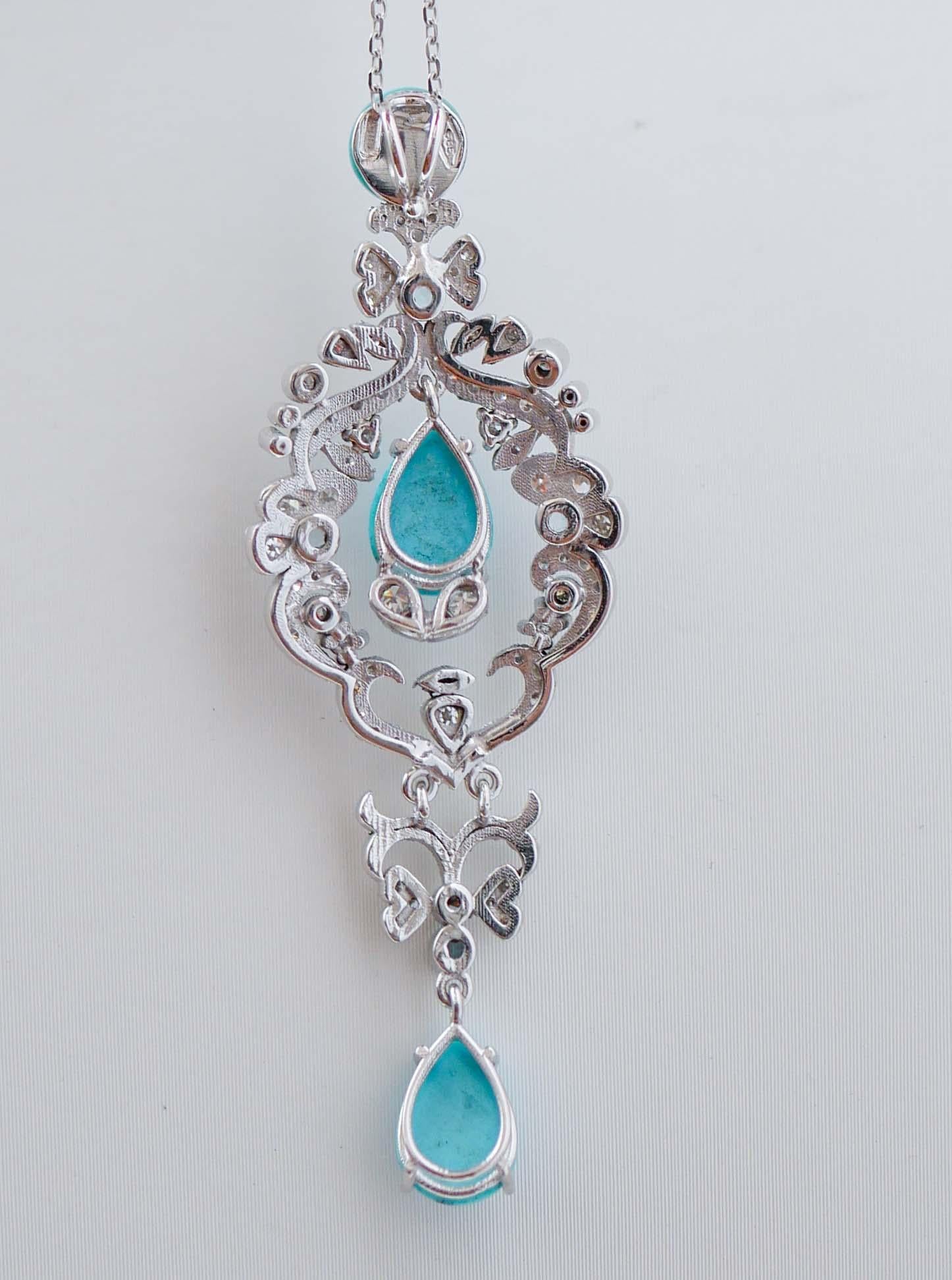 Taille mixte Aigue-marine, turquoise, diamants, pendentif en or blanc 14 Kt.
