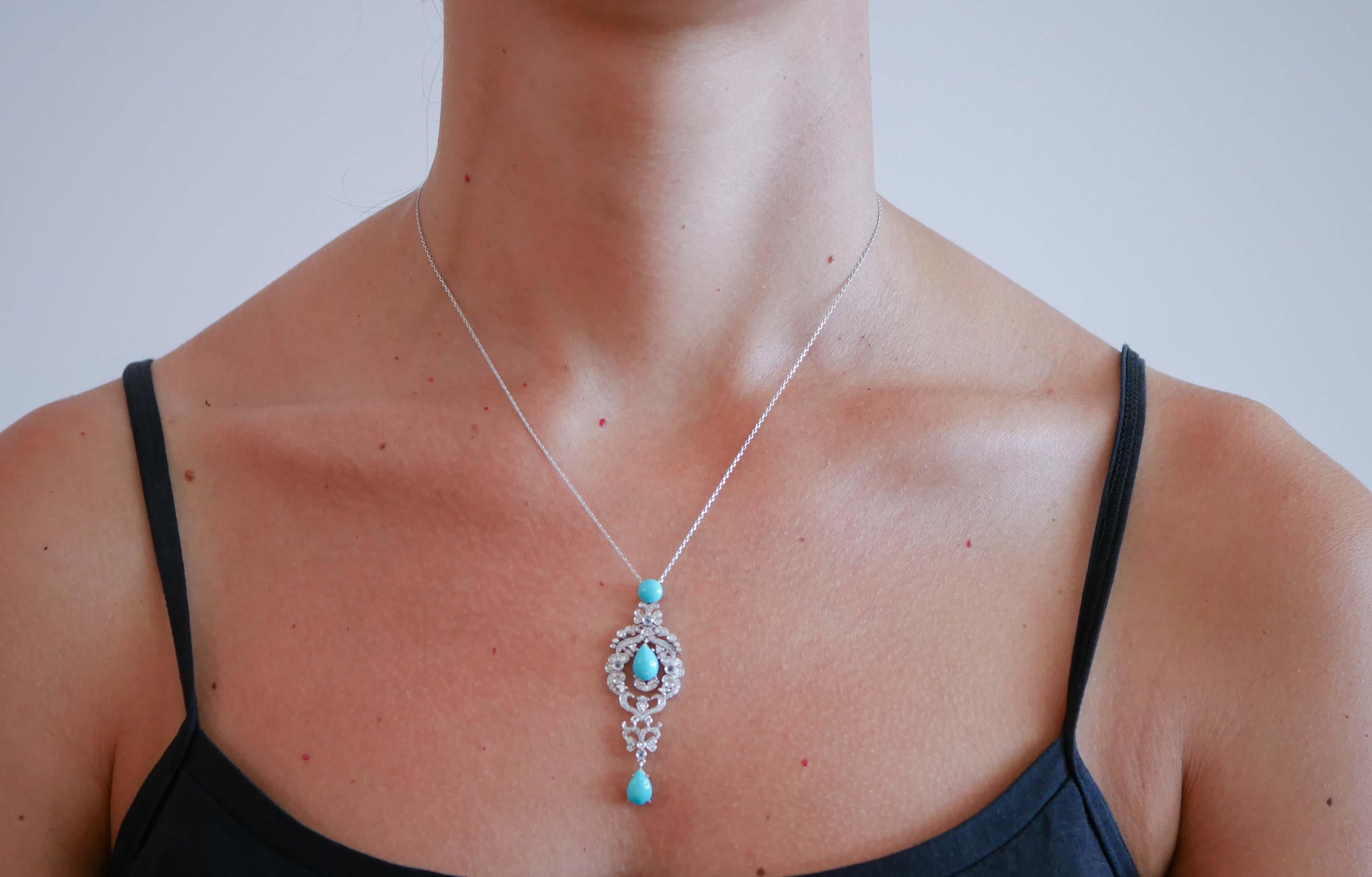Aigue-marine, turquoise, diamants, pendentif en or blanc 14 Kt. Bon état à Marcianise, Marcianise (CE)
