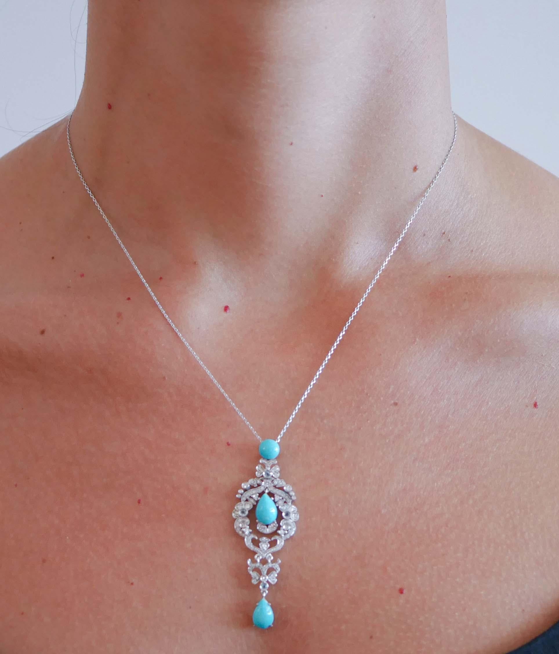  Aigue-marine, turquoise, diamants, pendentif en or blanc 14 Kt. Pour femmes 