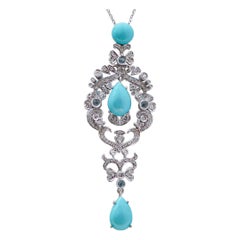 Aigue-marine, turquoise, diamants, pendentif en or blanc 14 Kt.