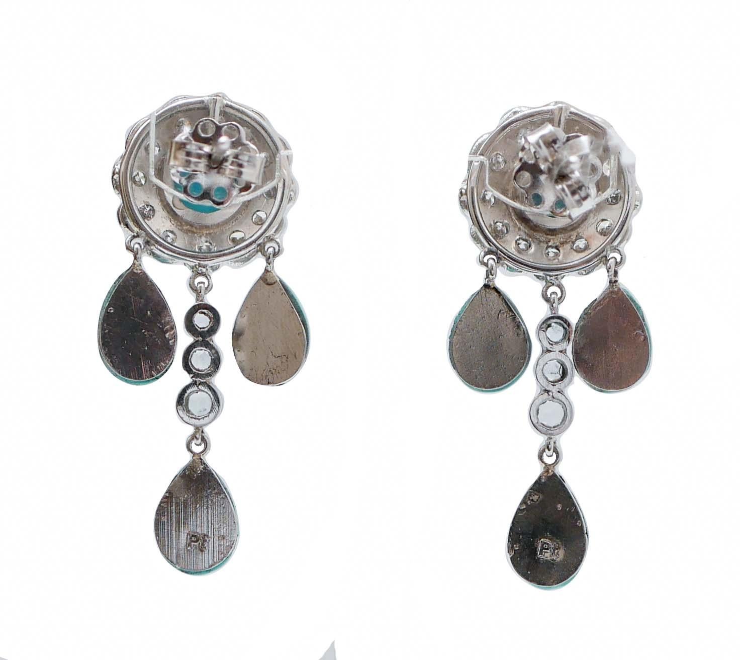 Ohrringe aus Platin mit Aquamarin, Türkis, Diamanten und Platin. (Retro)