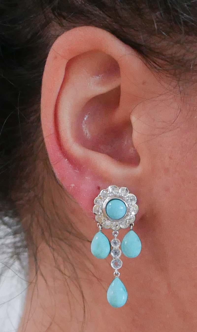 Ohrringe aus Platin mit Aquamarin, Türkis, Diamanten und Platin. im Zustand „Gut“ in Marcianise, Marcianise (CE)