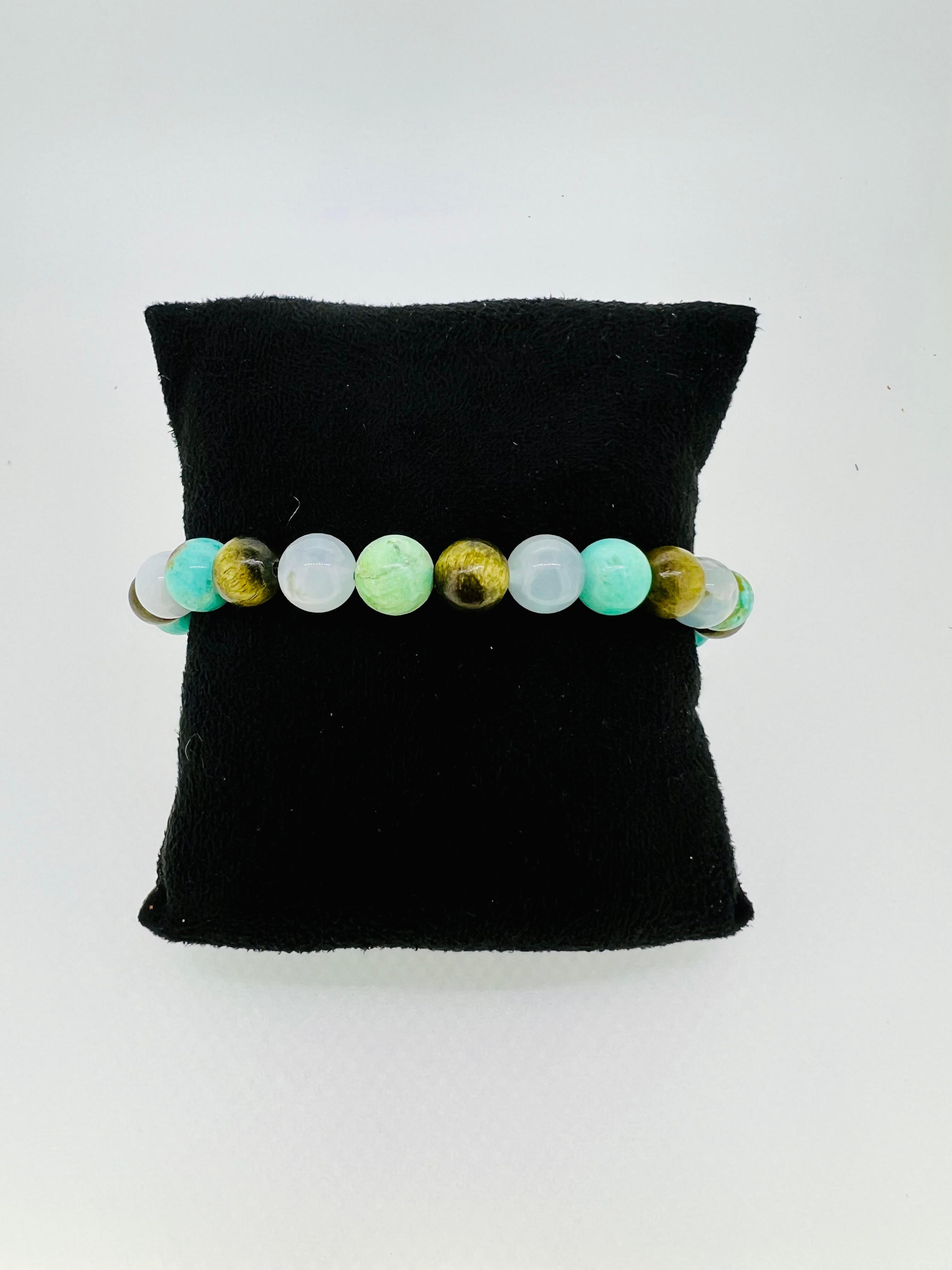 Aquamarine, Turquoise & Phoebe Cat Wood Beads Men's Bracelet In New Condition For Sale In Boostedt, SH