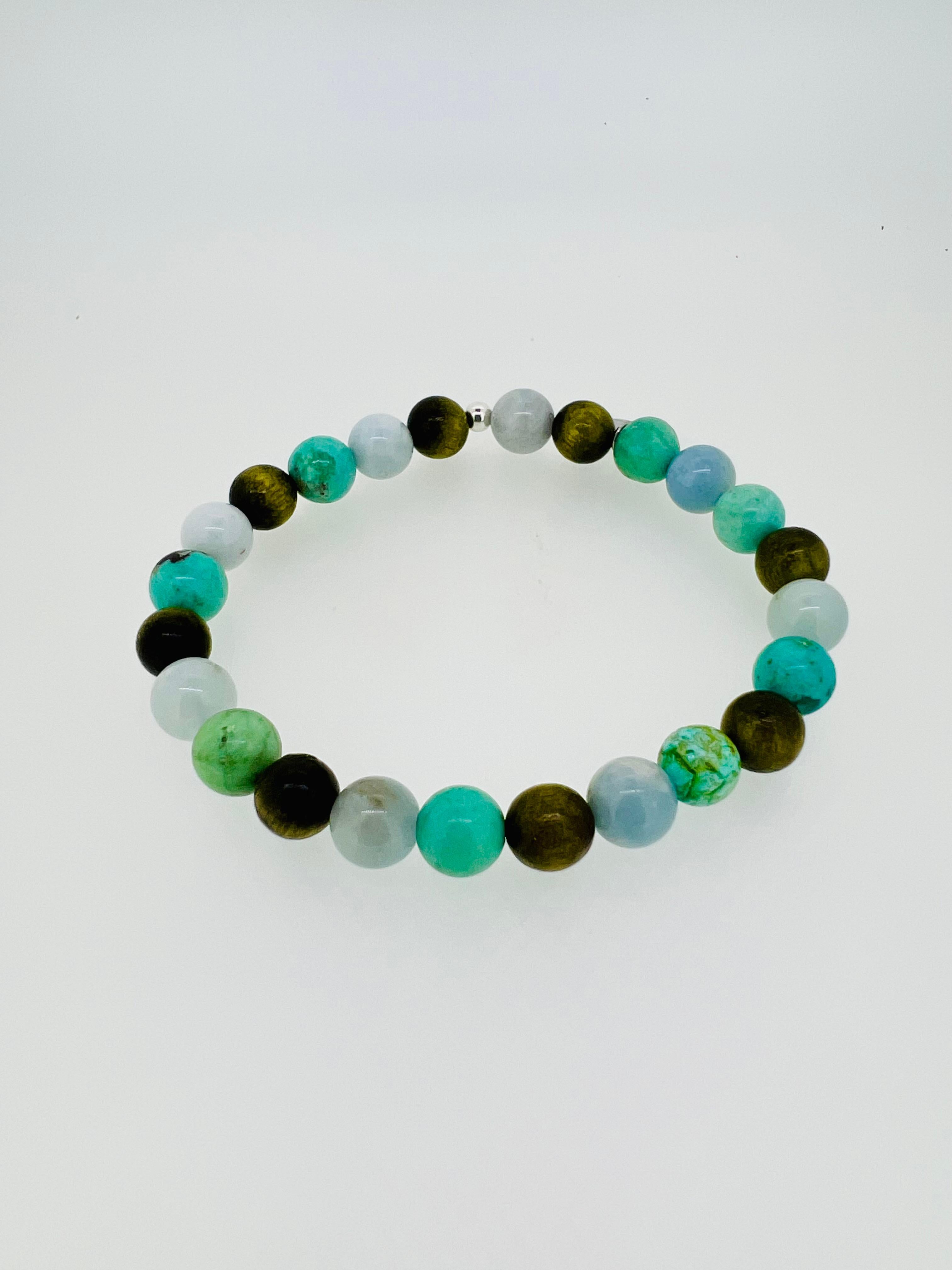 Aquamarine, Turquoise & Phoebe Cat Wood Beads Men's Bracelet For Sale 1