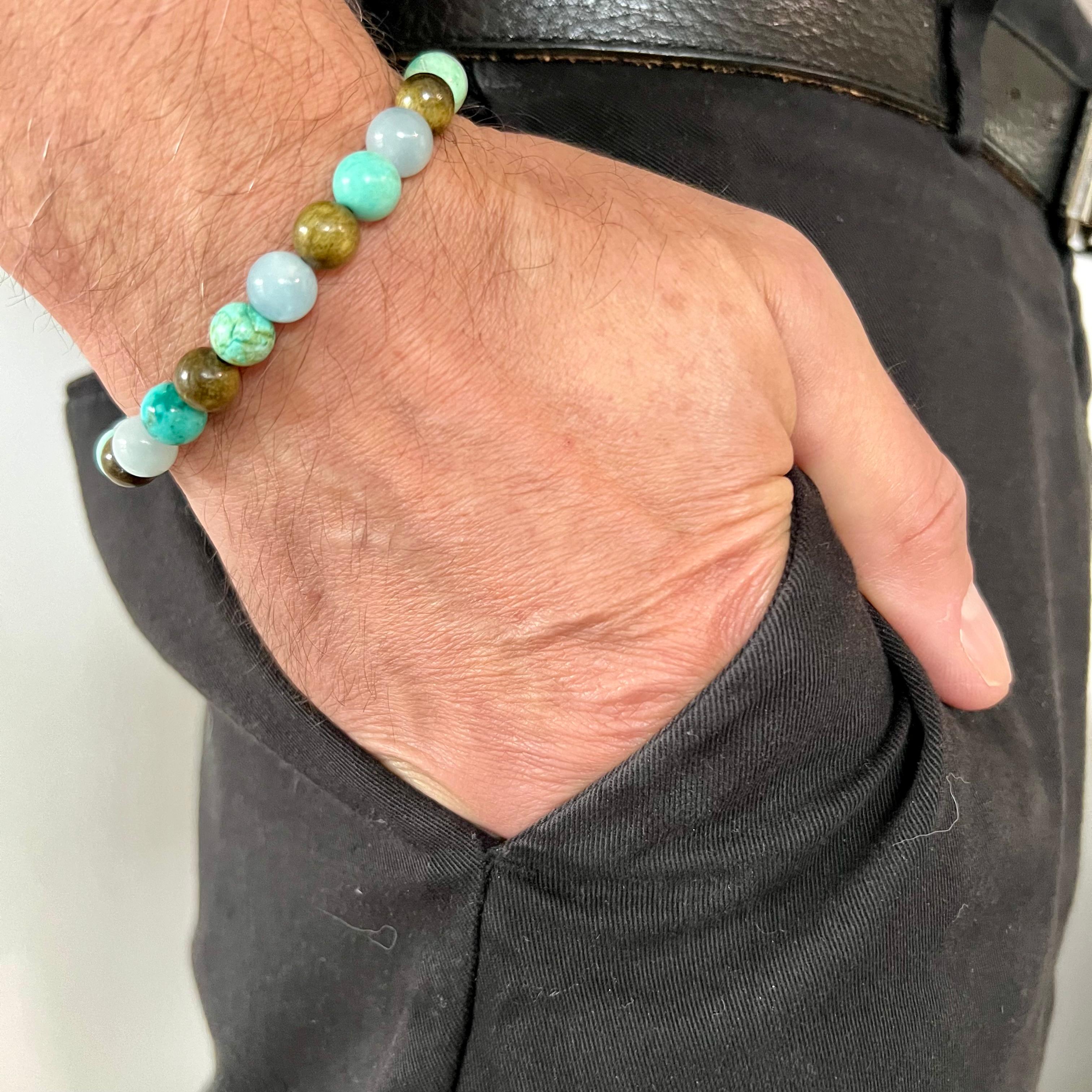 Aquamarine, Turquoise & Phoebe Cat Wood Beads Men's Bracelet For Sale 2