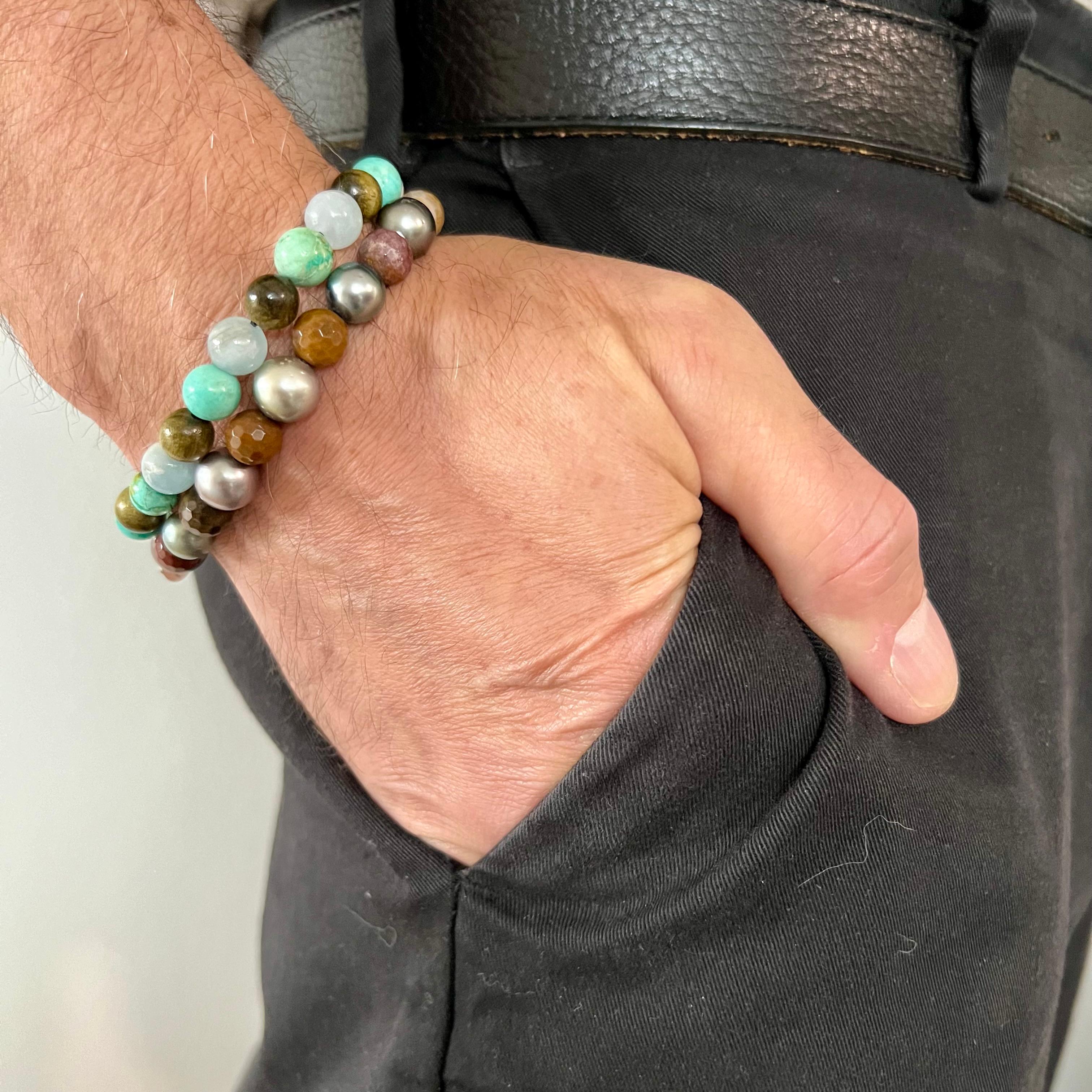 Aquamarine, Turquoise & Phoebe Cat Wood Beads Men's Bracelet For Sale 3