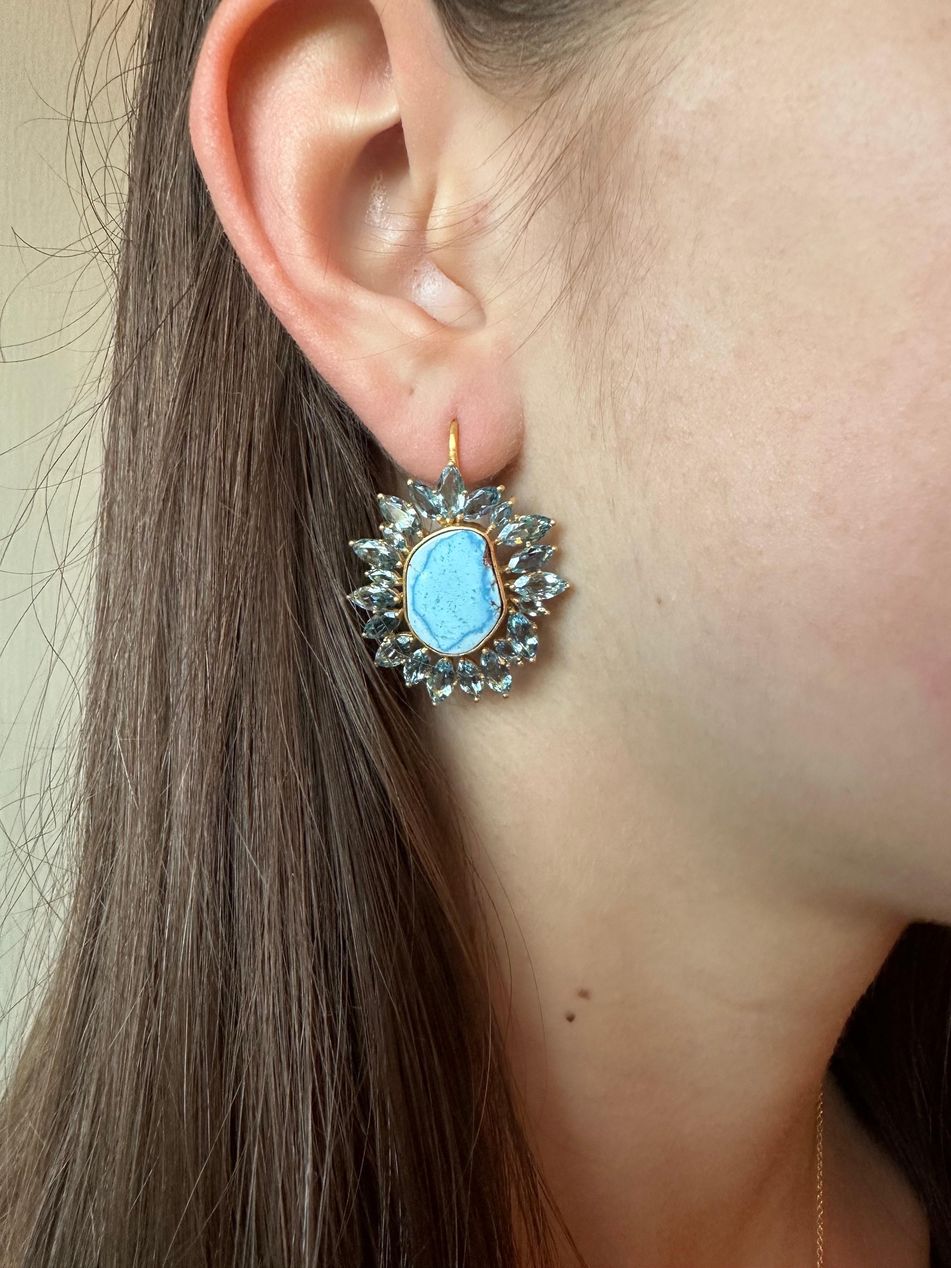 Aquamarine Turquoise Sunburst Earrings in 18kt Gold by Lauren Harper For Sale 4