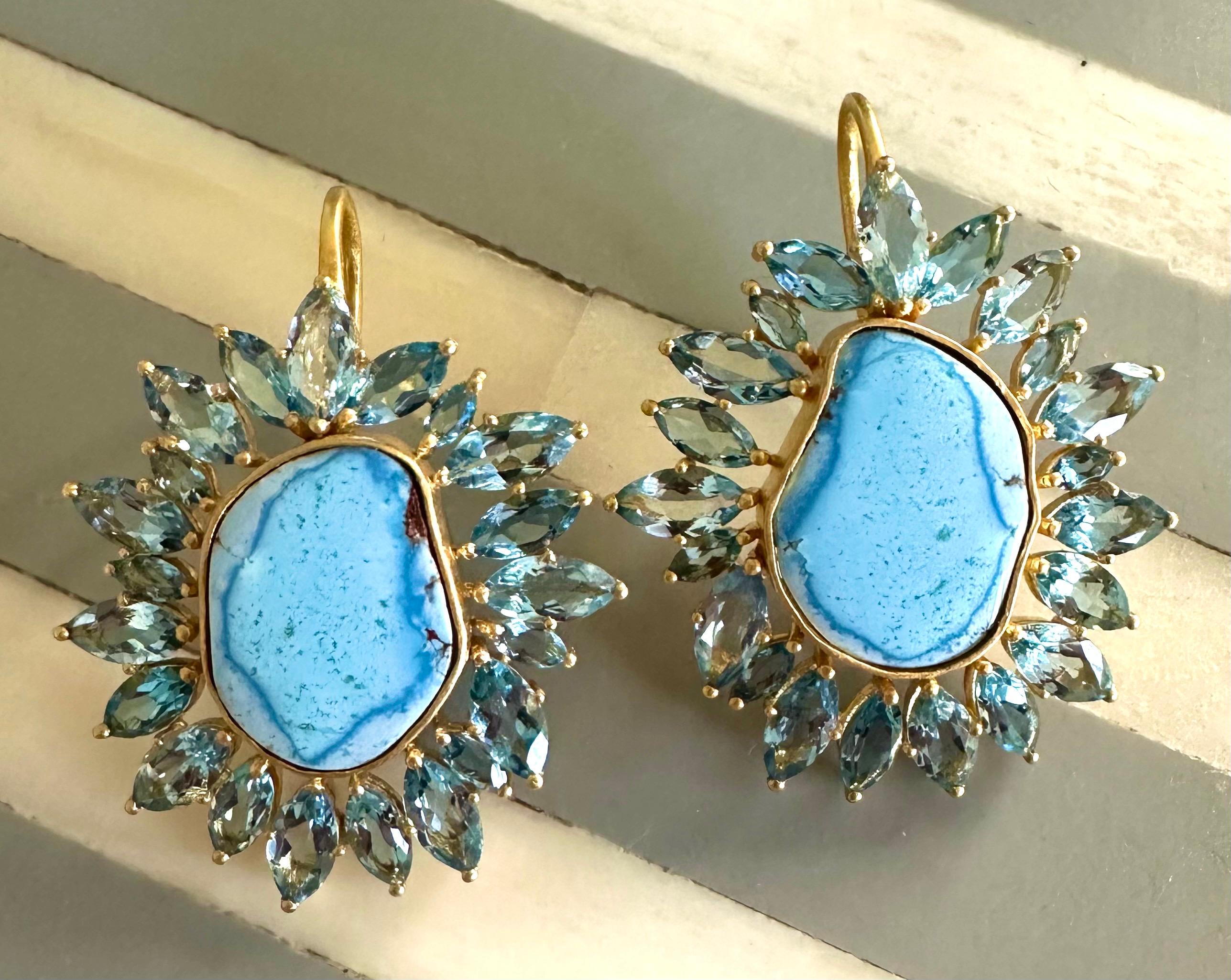 These Turquoise and Aquamarine earrings are truly stunning and will exceed your expectations! Designed by award winning jewelry designer, Lauren Harper, the vibrant unique turquoise center stones are surrounded by intensely sparkly marquis-shaped