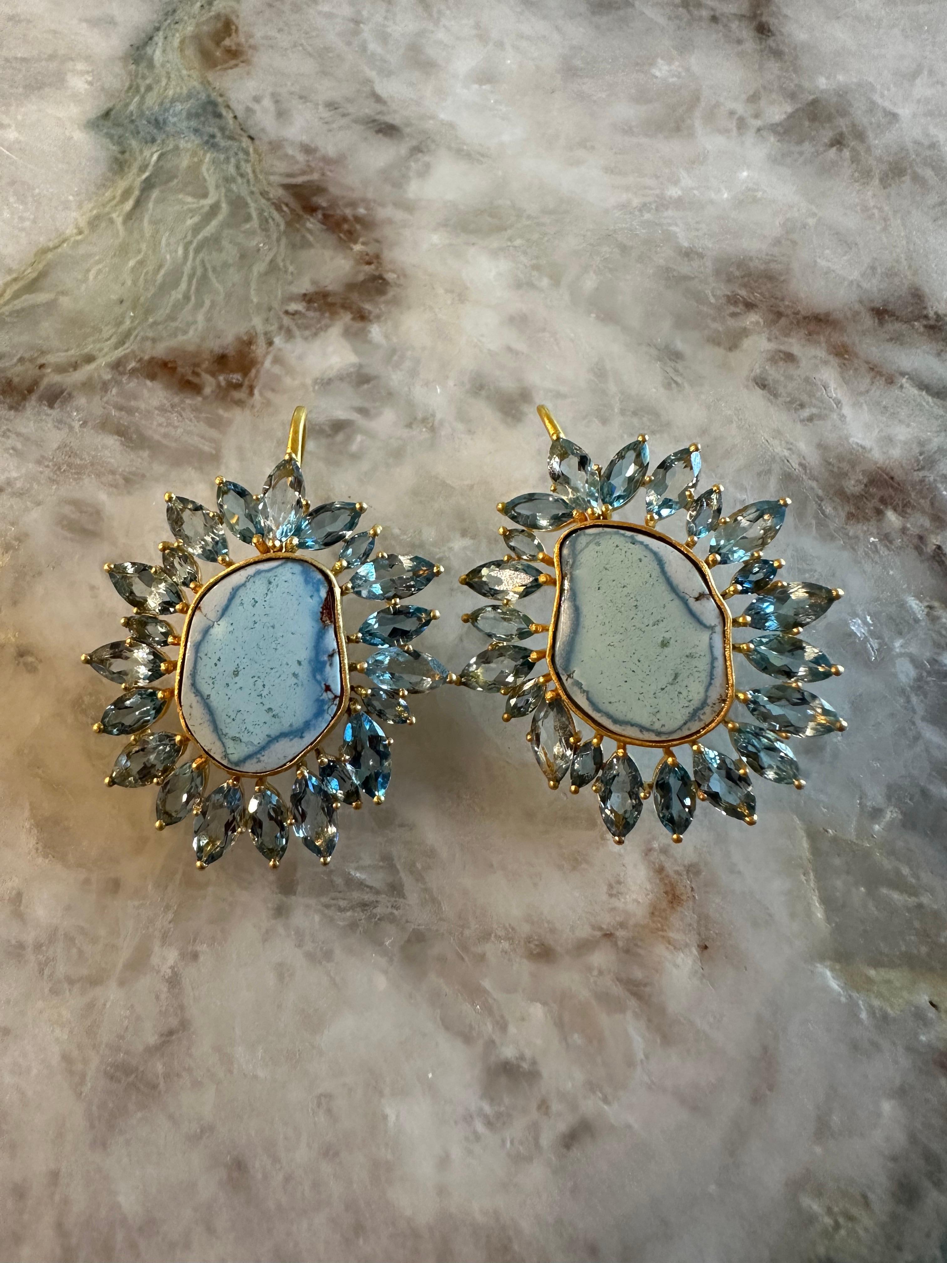 Women's Aquamarine Turquoise Sunburst Earrings in 18kt Gold by Lauren Harper For Sale