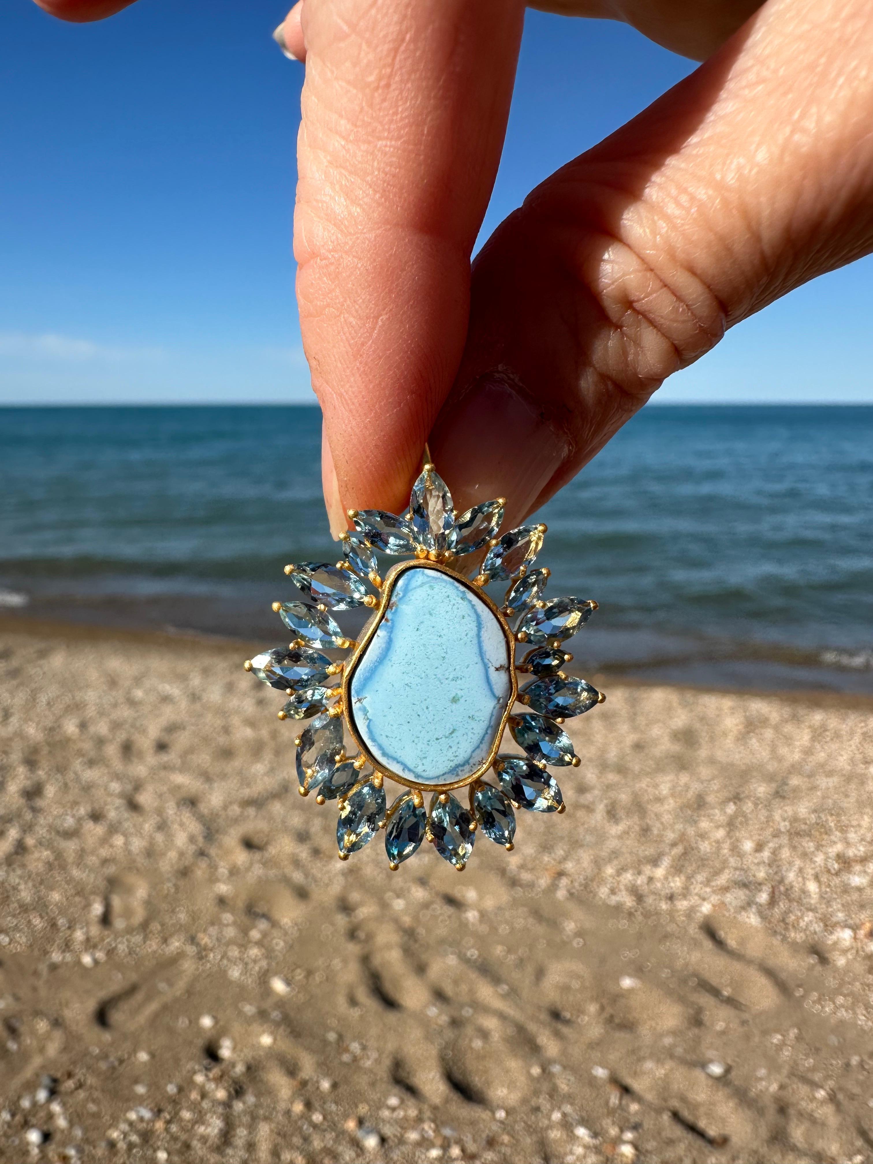 Aquamarine Turquoise Sunburst Earrings in 18kt Gold by Lauren Harper For Sale 3