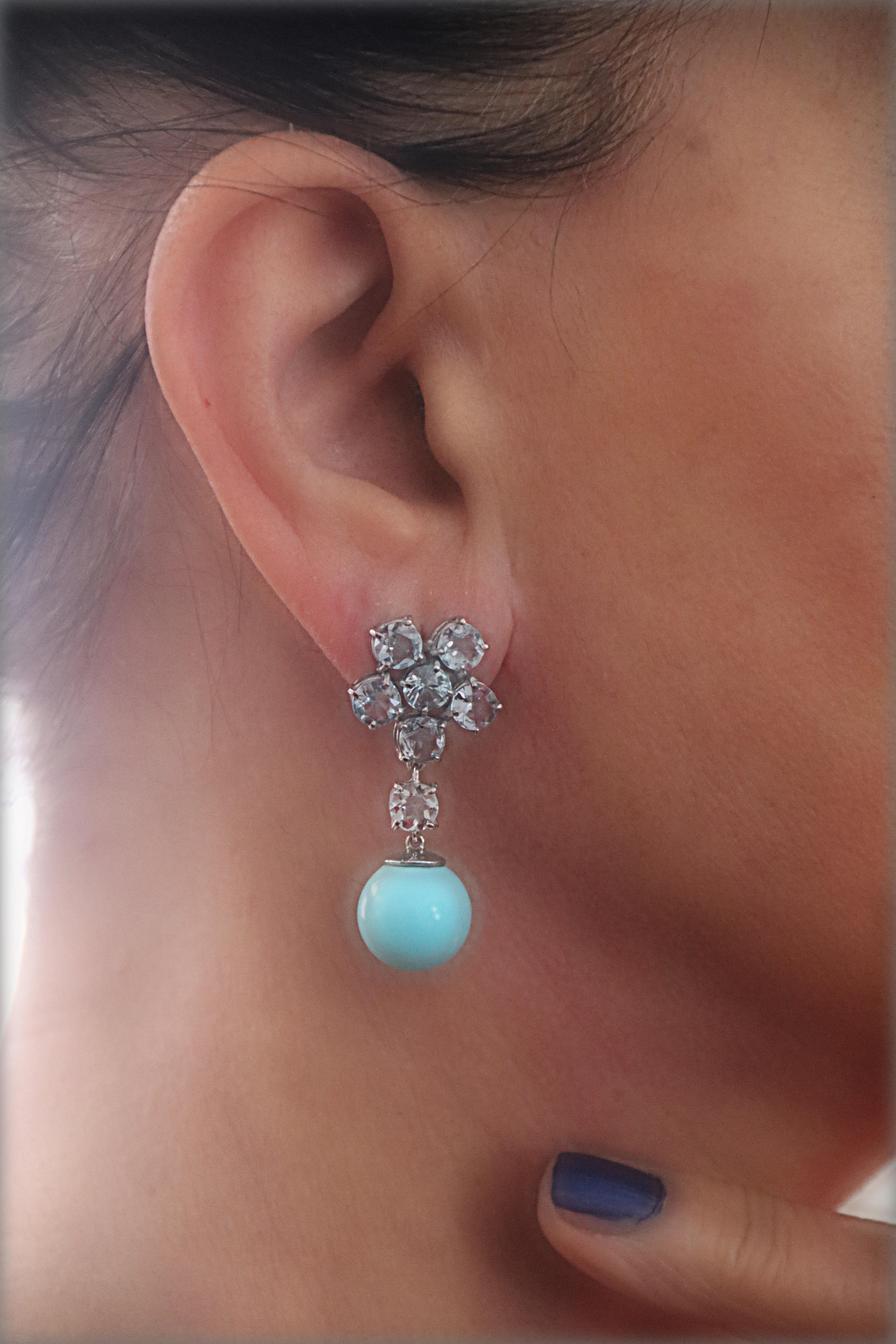 Aquamarine Turquoise White Gold 18 Karat Drop Earrings In New Condition For Sale In Marcianise, IT
