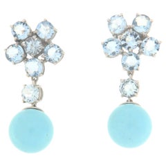 Boucles d'oreilles aigue-marine turquoise or blanc 18 carats
