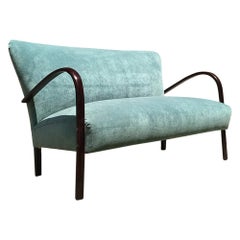 Aquamarine Velvet and Dark Wood Sofa, 1950s