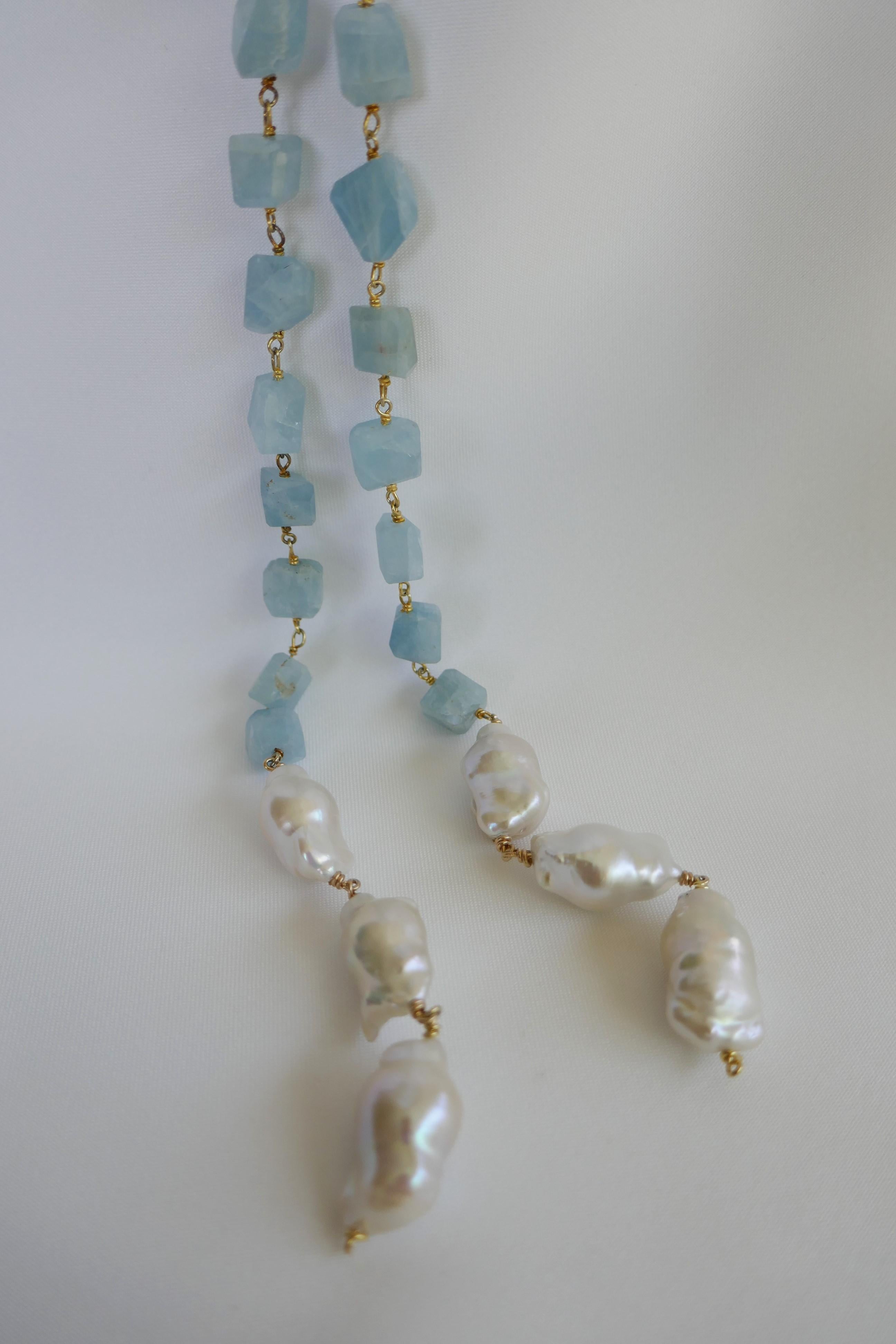 Contemporary Aquamarine Vermeil 925 Baroque Cultured Pearls Long Lariat Gemstone Necklace For Sale