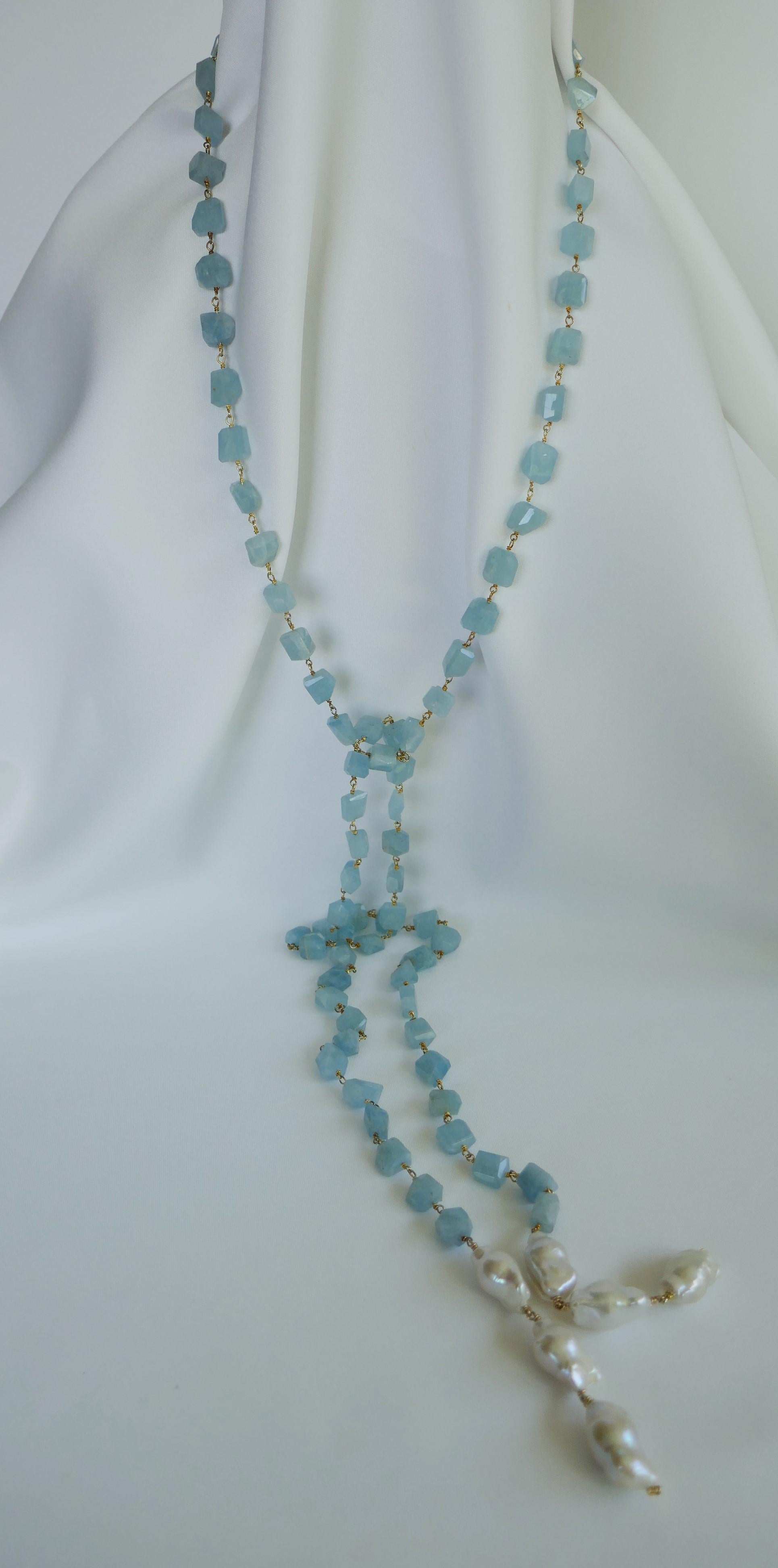 Aquamarine Vermeil 925 Baroque Cultured Pearls Long Lariat Gemstone Necklace In New Condition For Sale In Coral Gables, FL