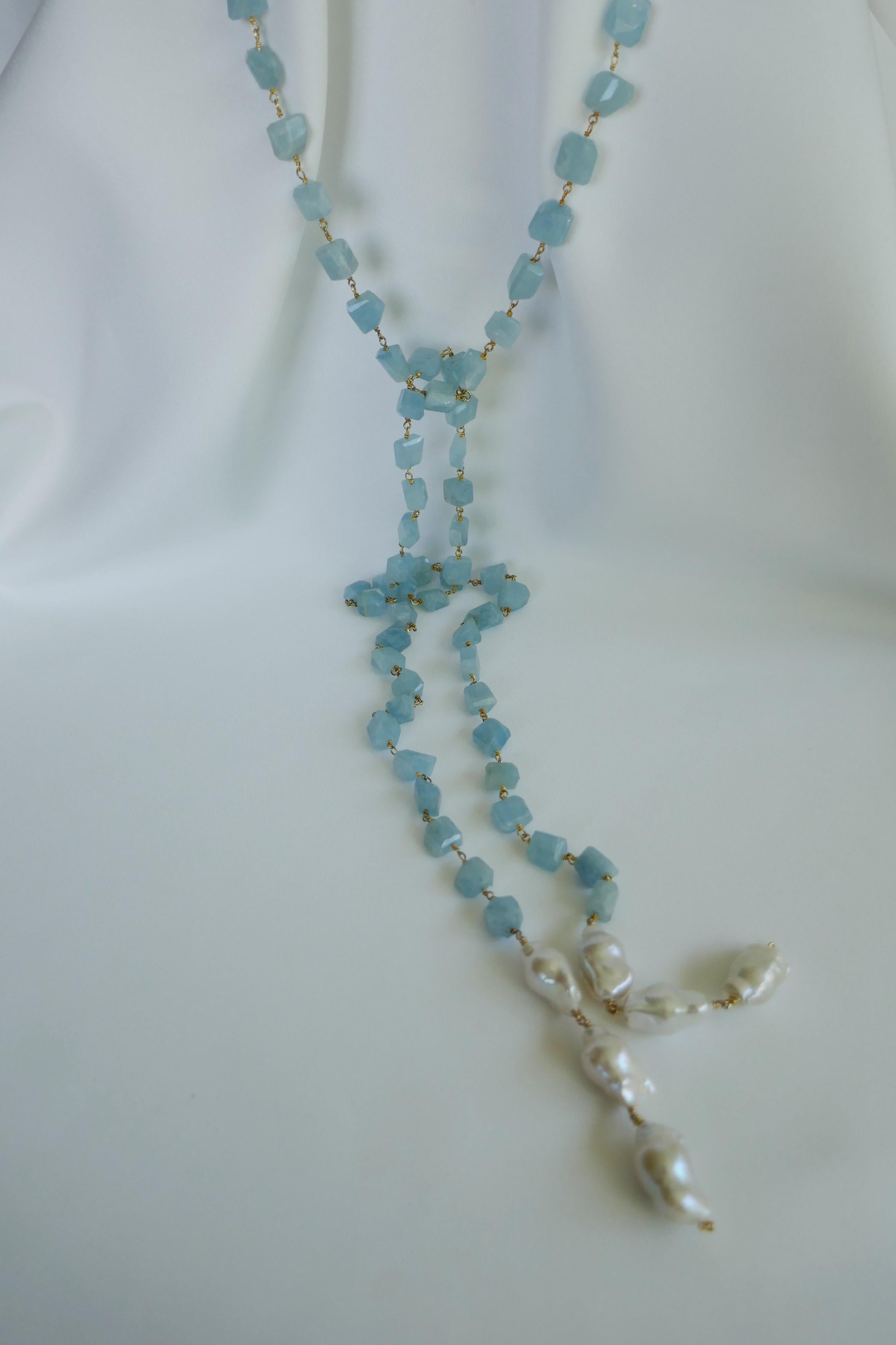 Women's Aquamarine Vermeil 925 Baroque Cultured Pearls Long Lariat Gemstone Necklace For Sale