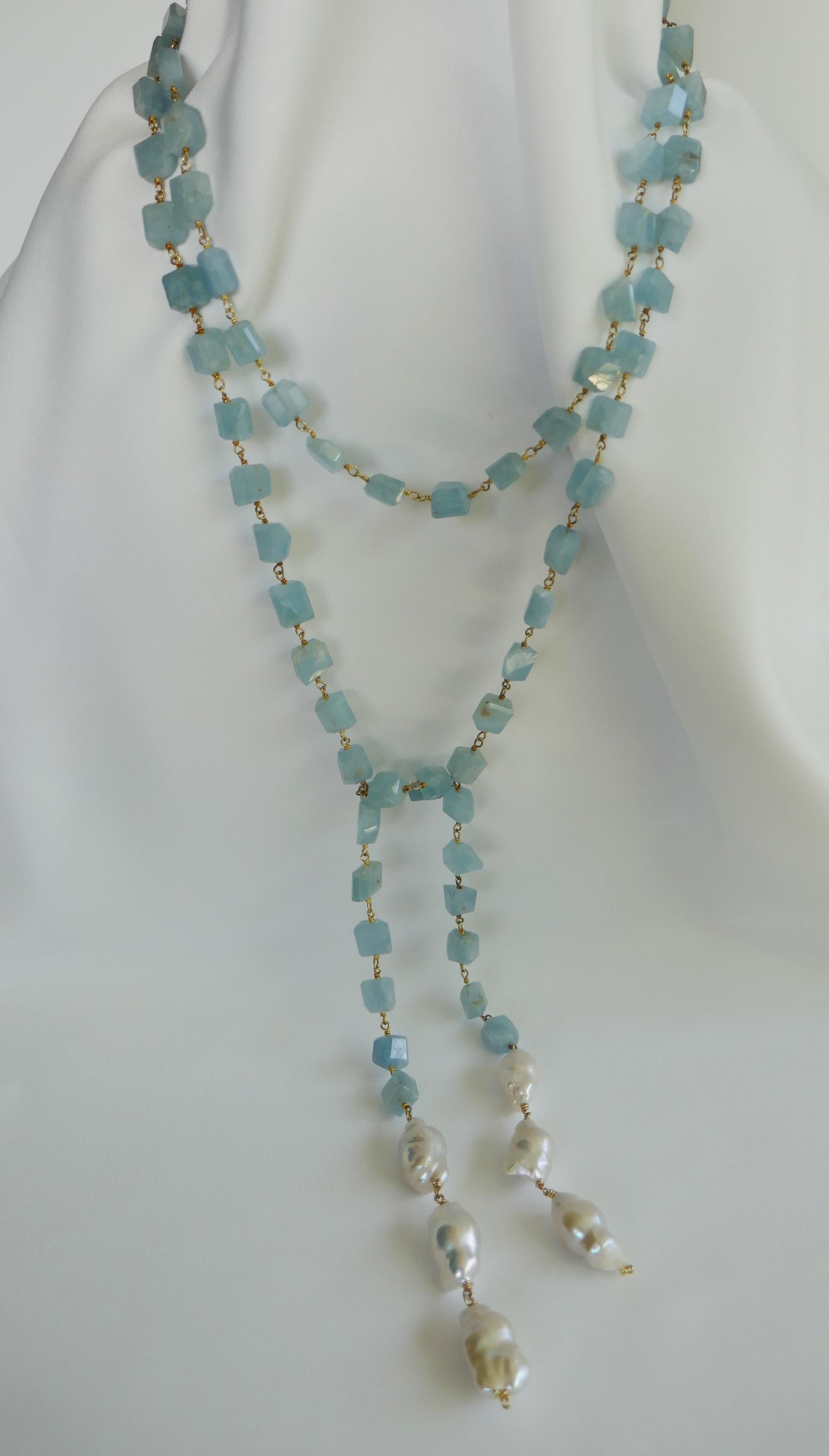 Aquamarine Vermeil 925 Baroque Cultured Pearls Long Lariat Gemstone Necklace For Sale 1