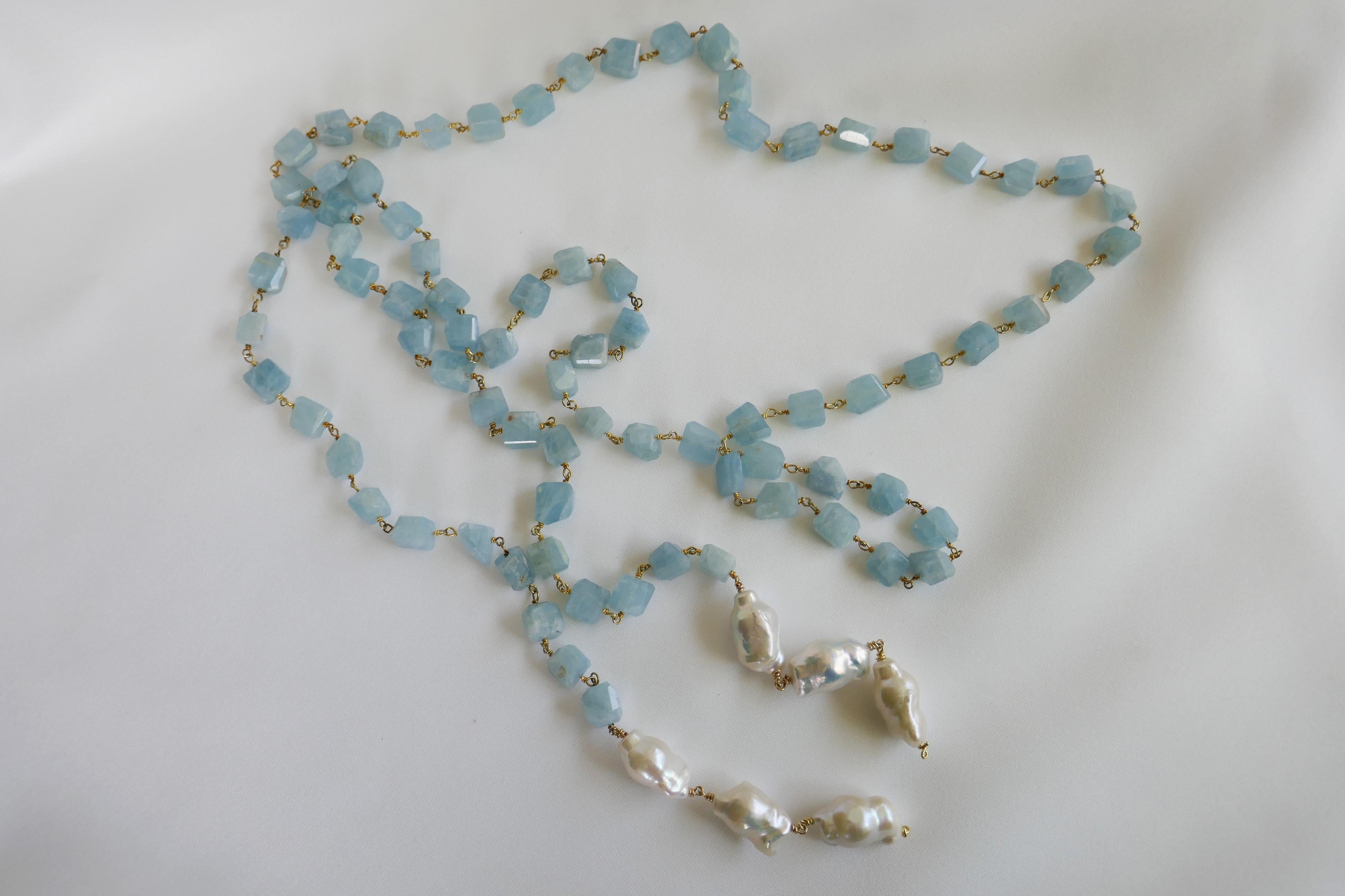 Aquamarine Vermeil 925 Baroque Cultured Pearls Long Lariat Gemstone Necklace For Sale 3