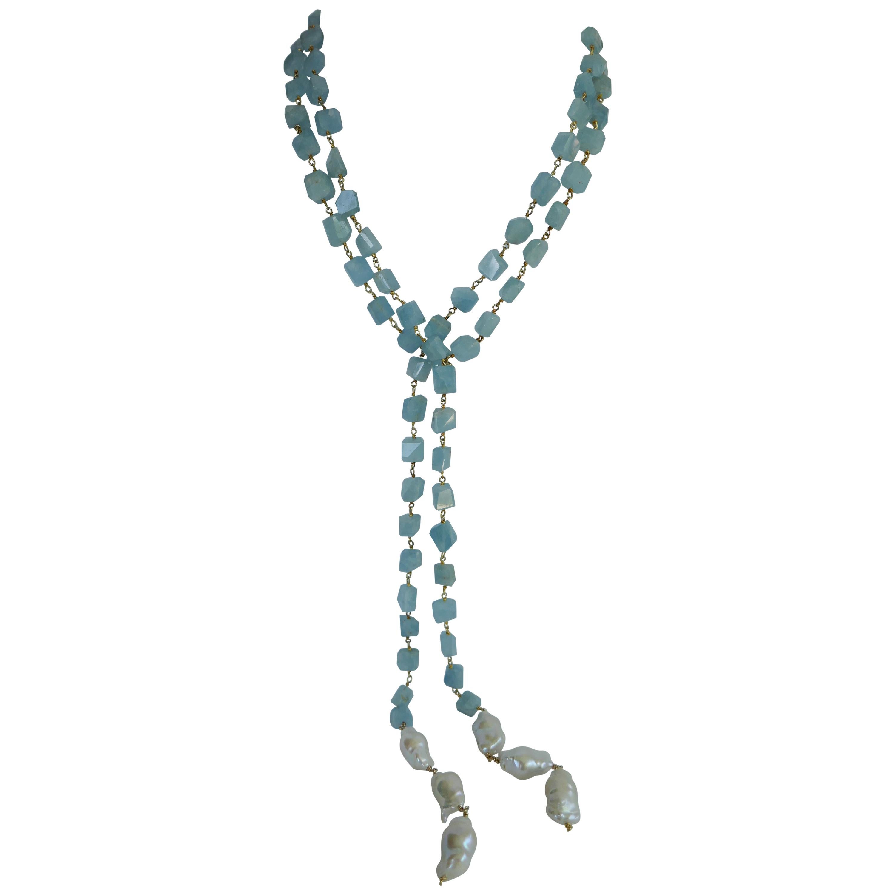 Aquamarine Vermeil 925 Baroque Cultured Pearls Long Lariat Gemstone Necklace For Sale