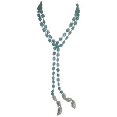 Aquamarine Vermeil 925 Baroque Cultured Pearls Long Lariat Gemstone Necklace