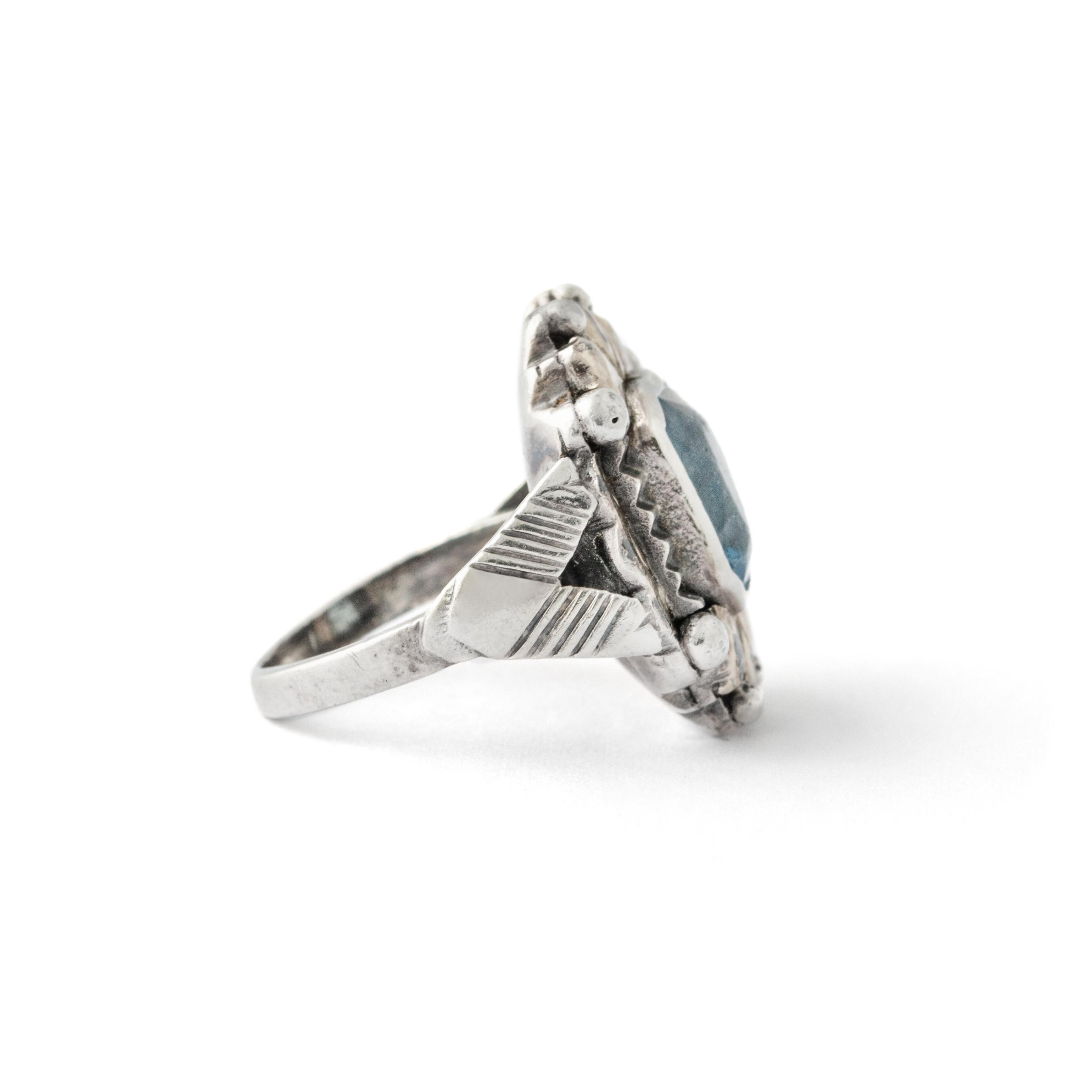 Aquamarine Vintage Silver Ring  In Fair Condition For Sale In Geneva, CH