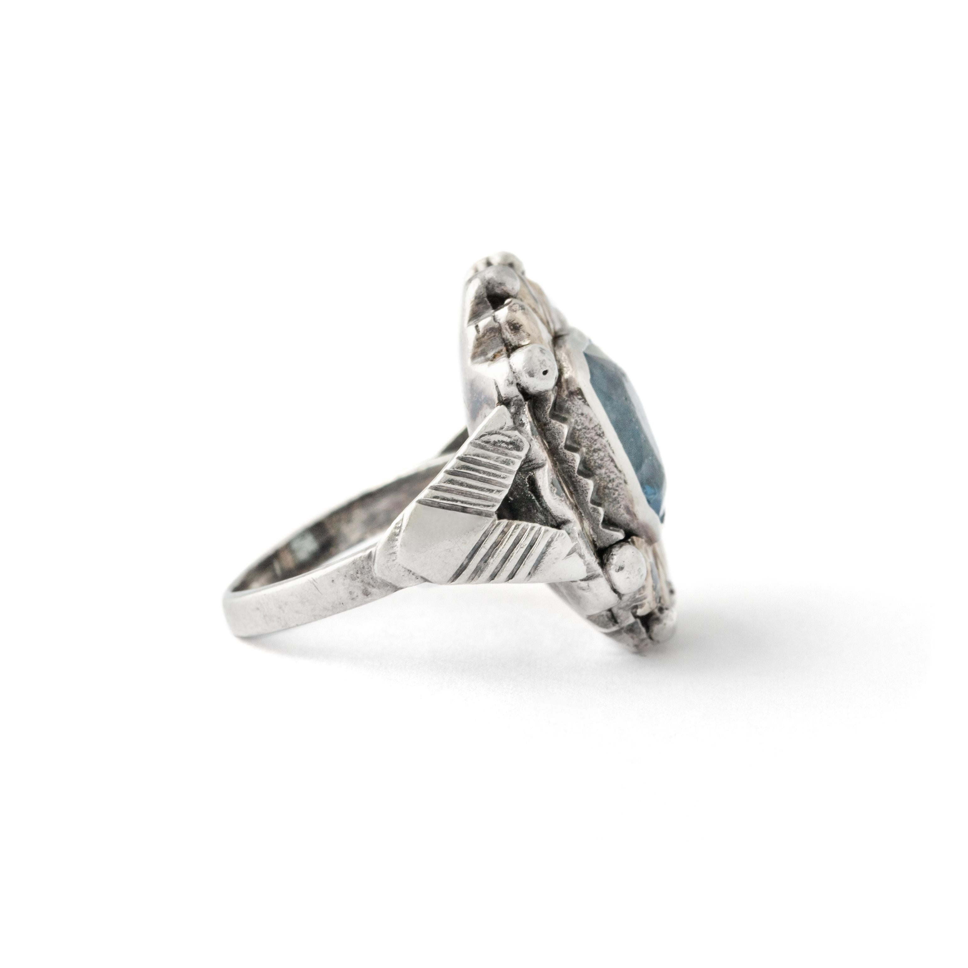 Aquamarine Vintage Silver Ring In Fair Condition For Sale In Geneva, CH