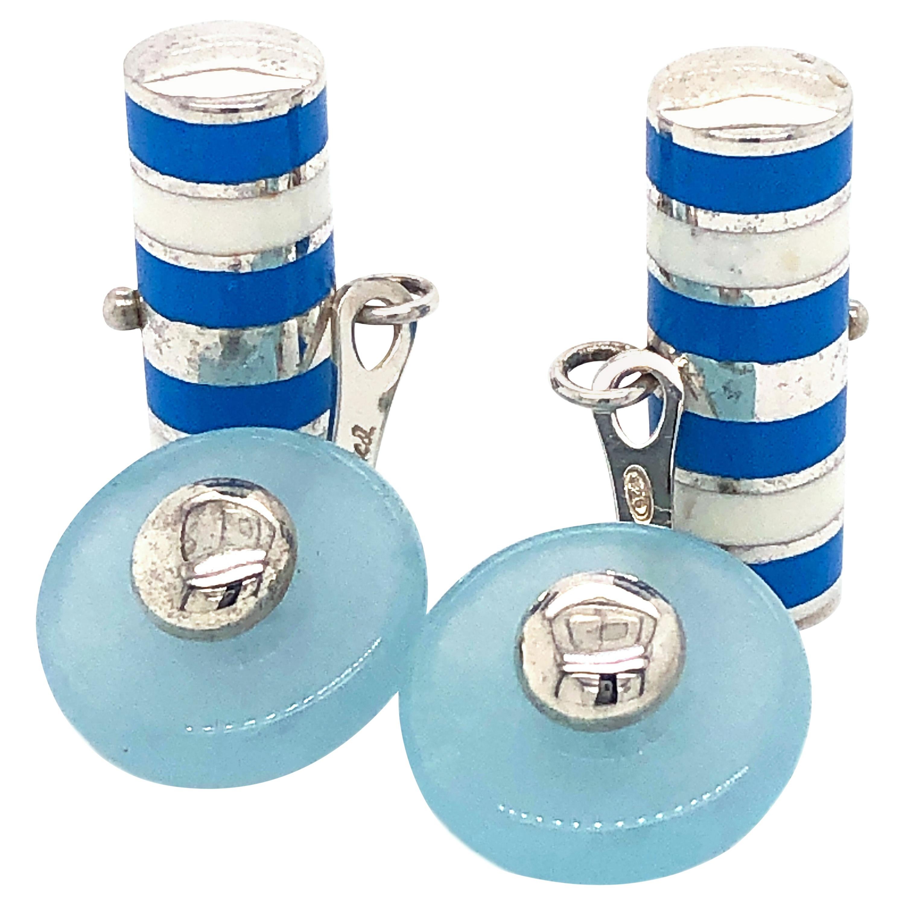 Berca Aquamarine White and Cerulean Blue Hand Enameled Sterling Silver Cufflinks For Sale