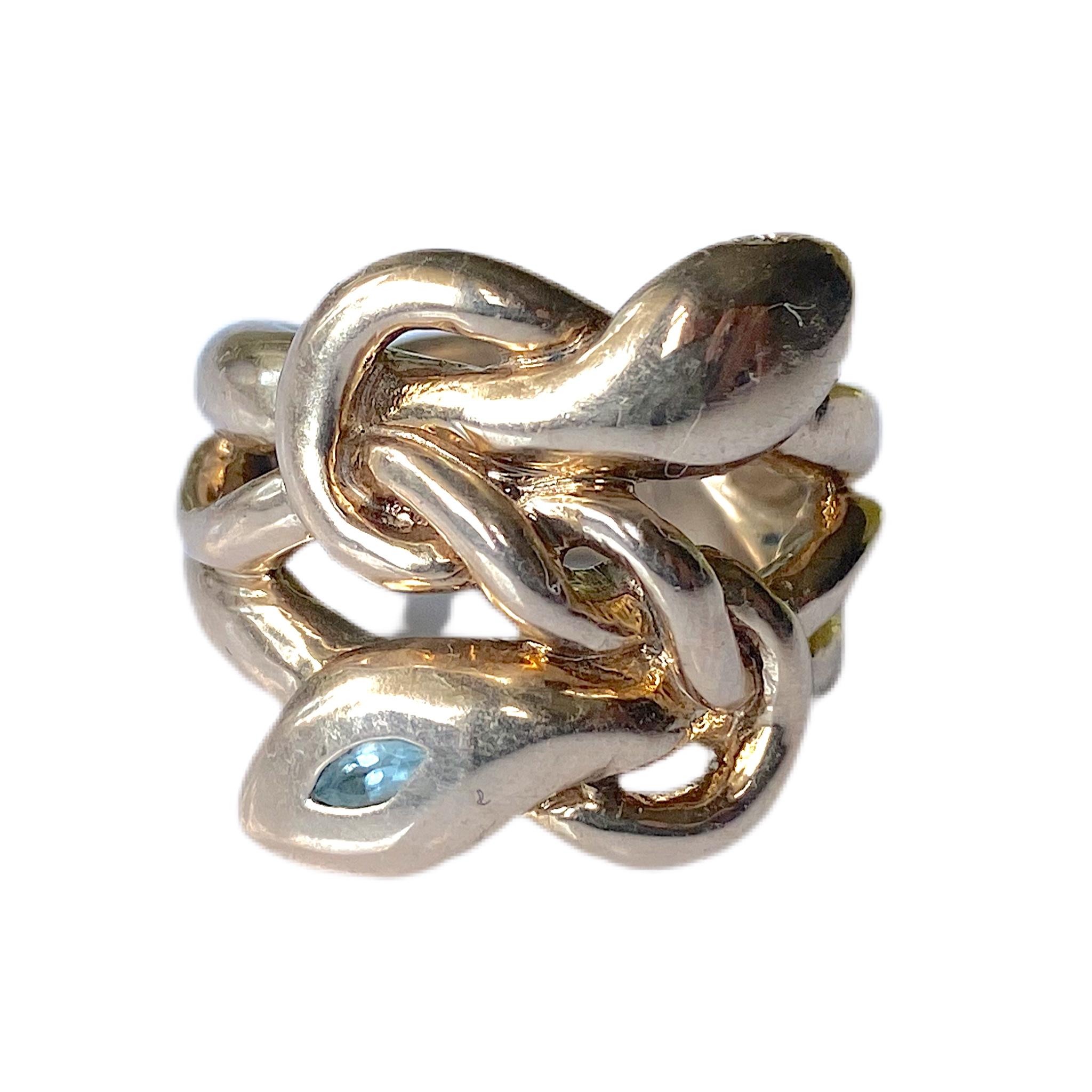 Victorian Aquamarine White Diamond Ruby Snake Ring Cocktail Ring Bronze J Dauphin For Sale