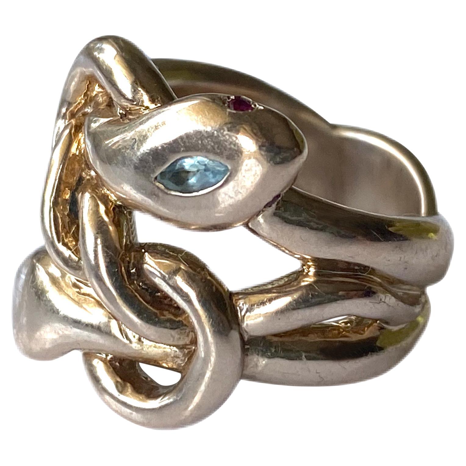 Aquamarine White Diamond Ruby Snake Ring Cocktail Ring Bronze J Dauphin