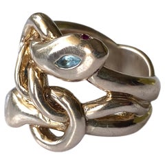 Bague cocktail aigue-marine, aigue-marine, diamant blanc, rubis et serpent J Dauphin en bronze