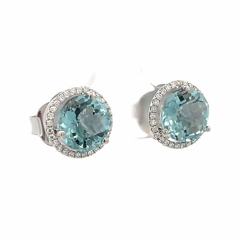 Aquamarine & White Diamond Studs Earrings 4.36ct D.20ct 18K White Gold In New Condition For Sale In New York, NY