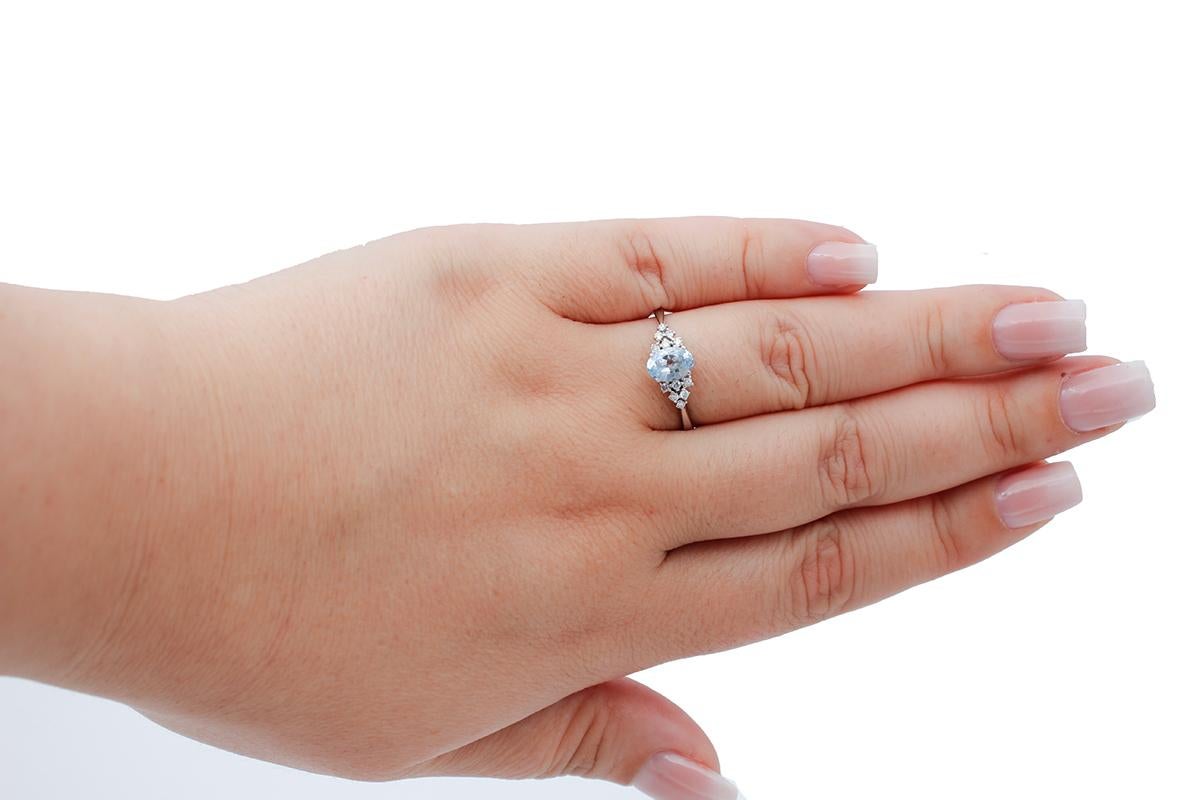 Oval Cut Aquamarine, White Diamonds, 18 Karat White Gold Engagement Ring For Sale
