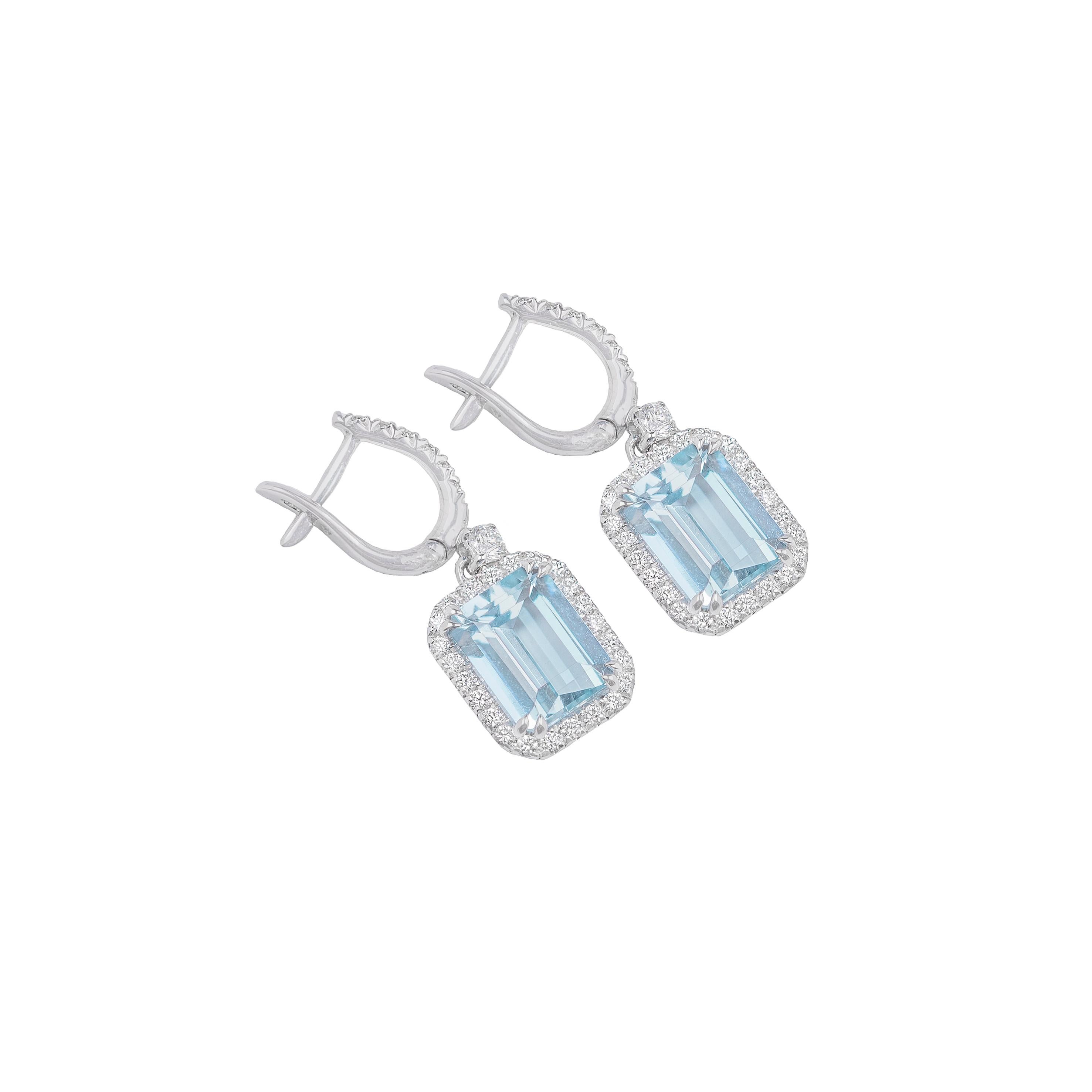 Octagon Cut Aquamarine White Diamonds and 18k White Gold Earrings