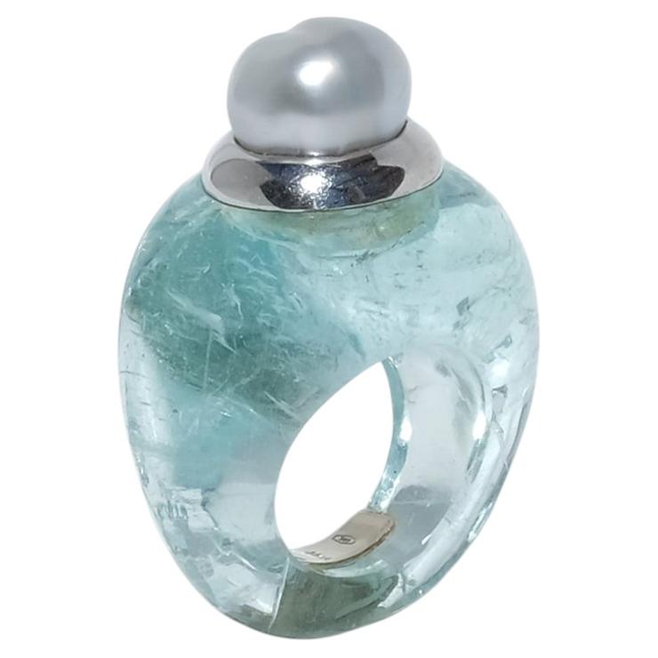 For Sale:  Aquamarine, White Gold and Pearl Ring by Sanalitro Gioielli