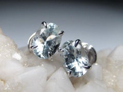 Aquamarine White Gold Earrings Studs Oval Blue Beryl Unisex