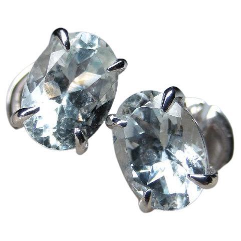 Aquamarine White Gold Earrings Studs Oval Blue Beryl Unisex For Sale