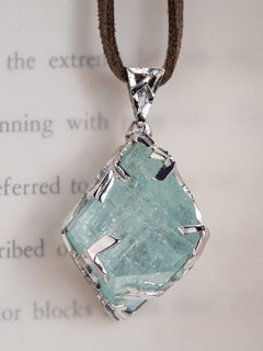 Aquamarine White Gold Pendant Raw Uncut Natural Beryl Magic Unisex