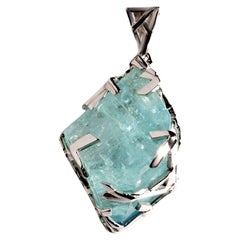 Aquamarine White Gold Pendant Raw Uncut Natural Beryl Unisex GIFT MARCH