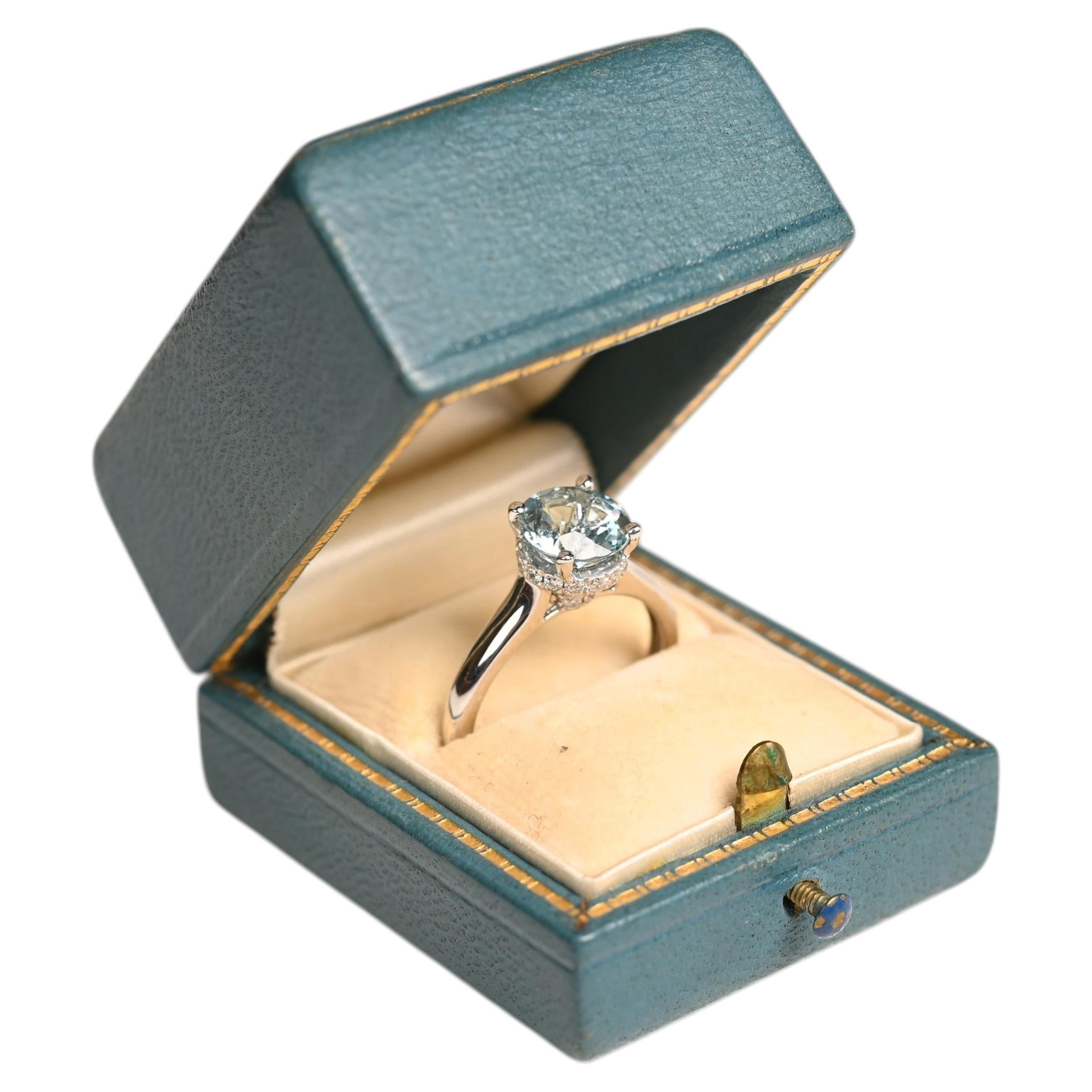 Aquamarine White Gold Ring. 1.60ct Round Aquamarine Engagement Ring 18K Gold For Sale