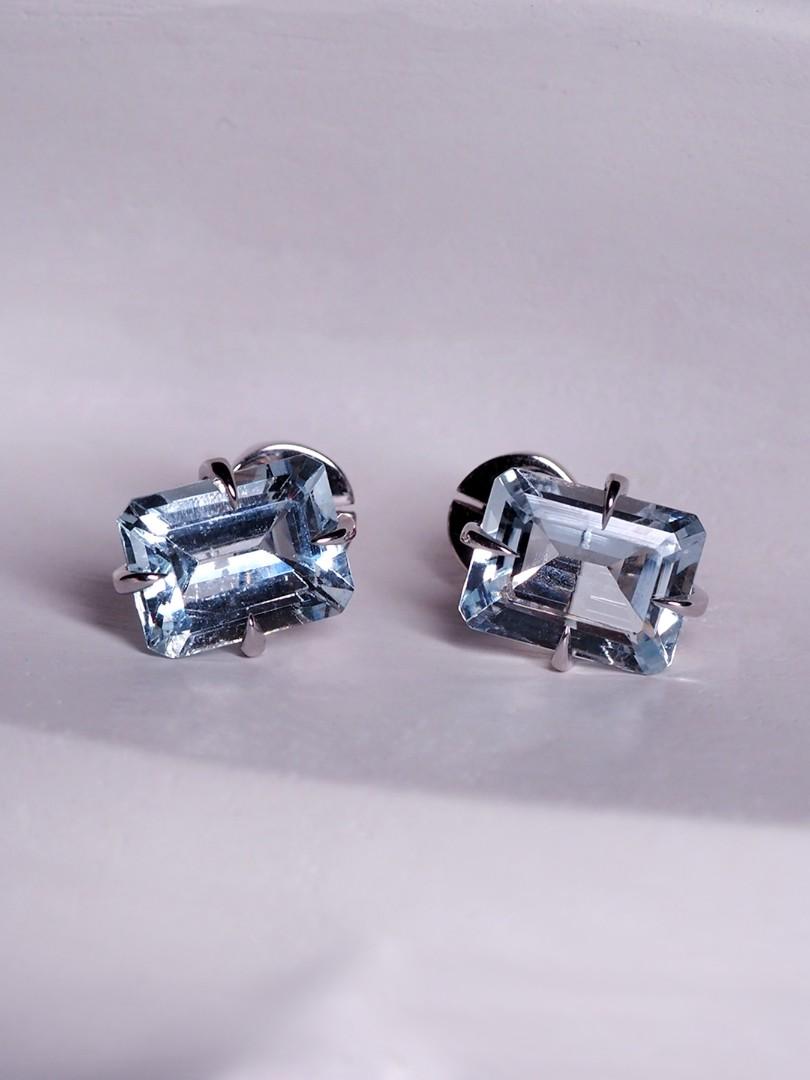 Aquamarine White Gold Stud Earrings Light Blue Beryl Octagon Cut Brazilian Gems For Sale 2