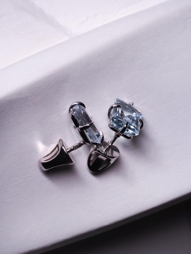 Artisan Aquamarine White Gold Stud Earrings Light Blue Beryl Octagon Cut Brazilian Gems For Sale
