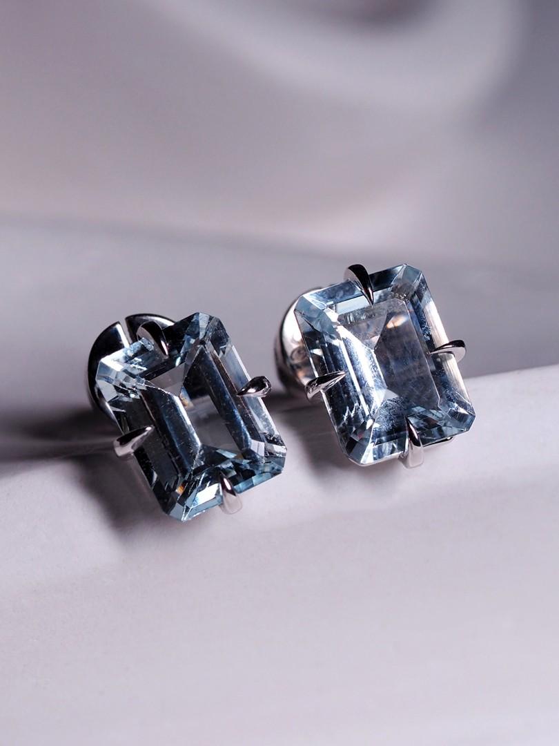 Aquamarine White Gold Stud Earrings Light Blue Beryl Octagon Cut Brazilian Gems For Sale 1