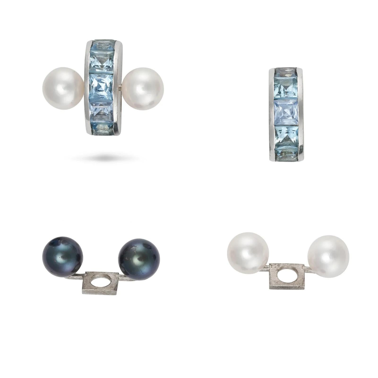 A pair of interchangeable aquamarine and pearl earrings. Each earring can be transformed in a matter of minutes from White Pearls to Dark Grey Pearls or just Aquamarine studs.

You only need a screwdriver, open just one screw and you can change the