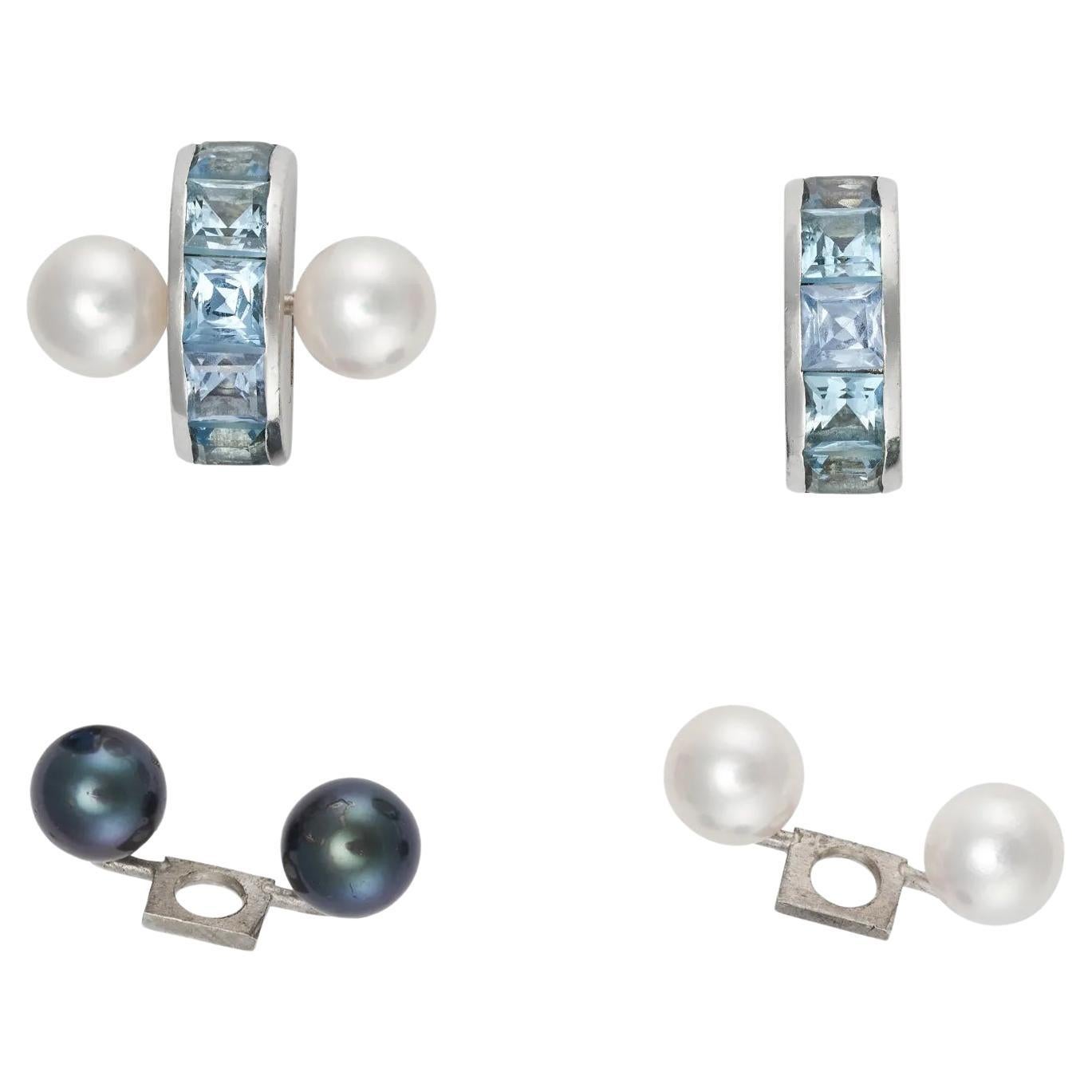 Aquamarine White Grey Transformer Pearl Earrings 18K White Gold, 2000 For Sale