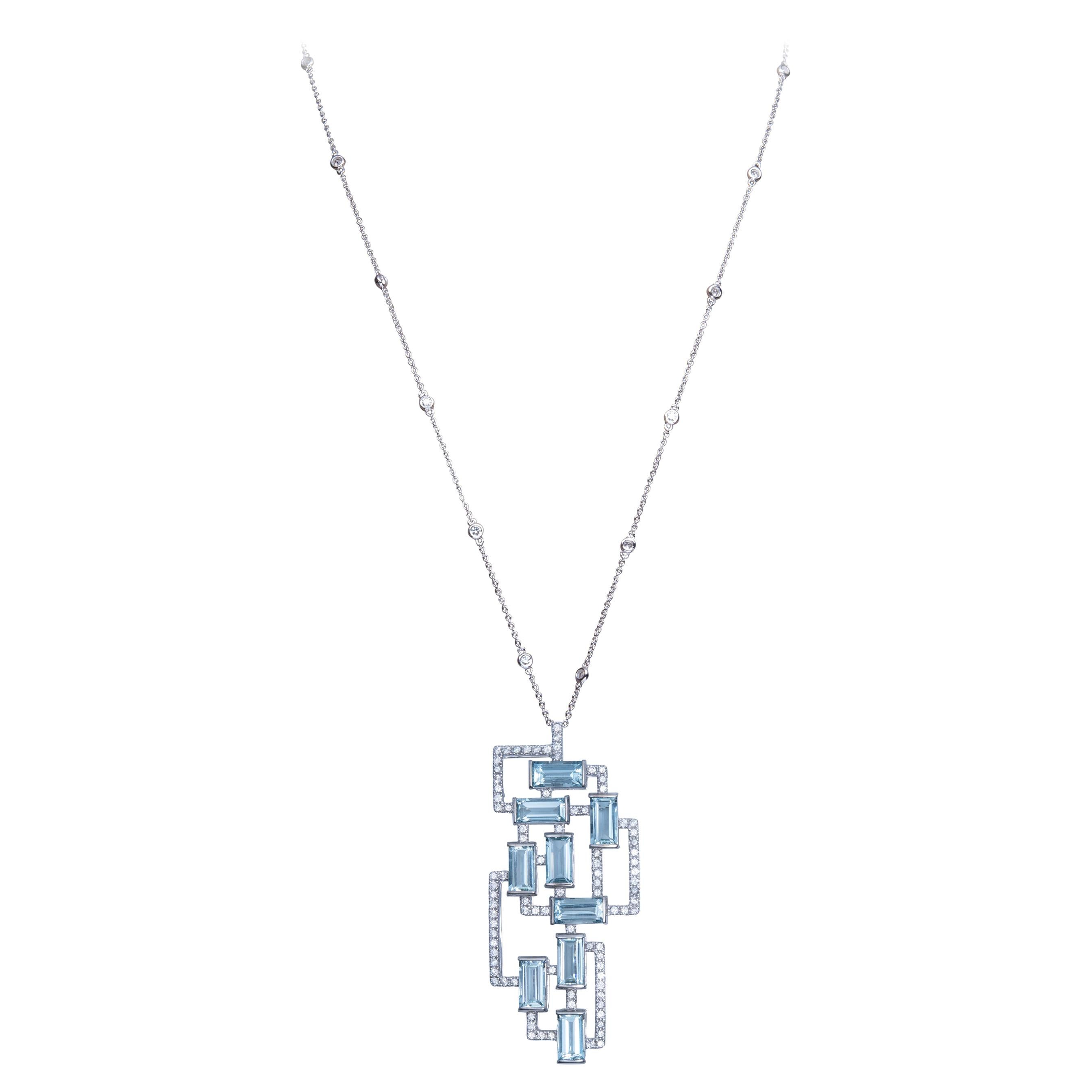 An Order of Bling Aquamarine, White Sapphire and Diamond Necklace For Sale