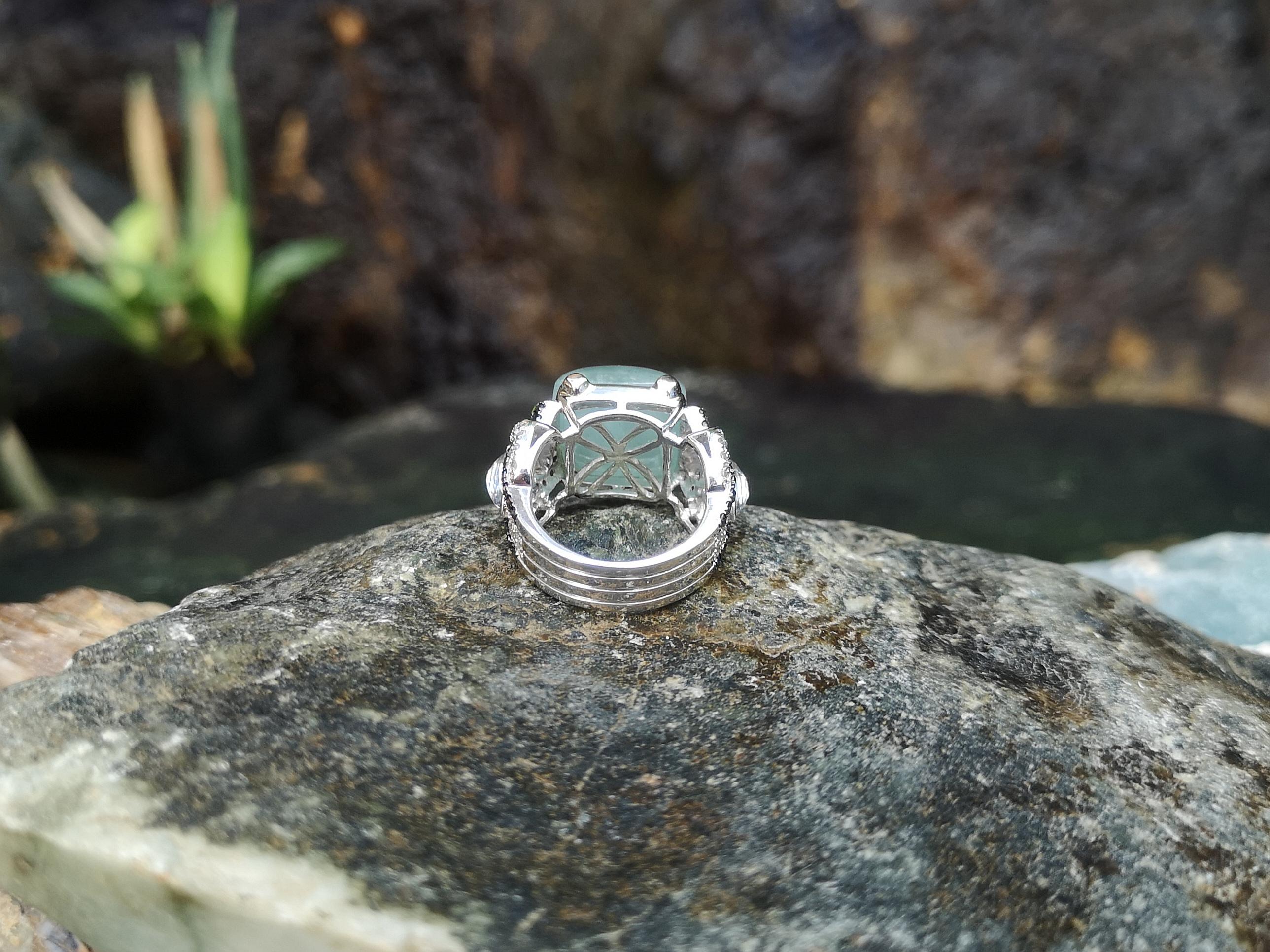 Aquamarine, White Sapphire, Black Diamond, Diamond Ring in 18 Karat White Gold For Sale 1