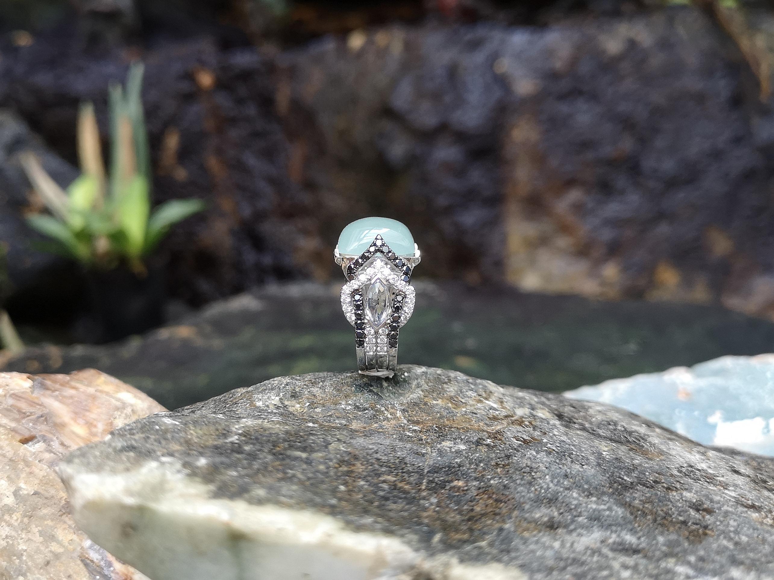 Aquamarine, White Sapphire, Black Diamond, Diamond Ring in 18 Karat White Gold For Sale 3
